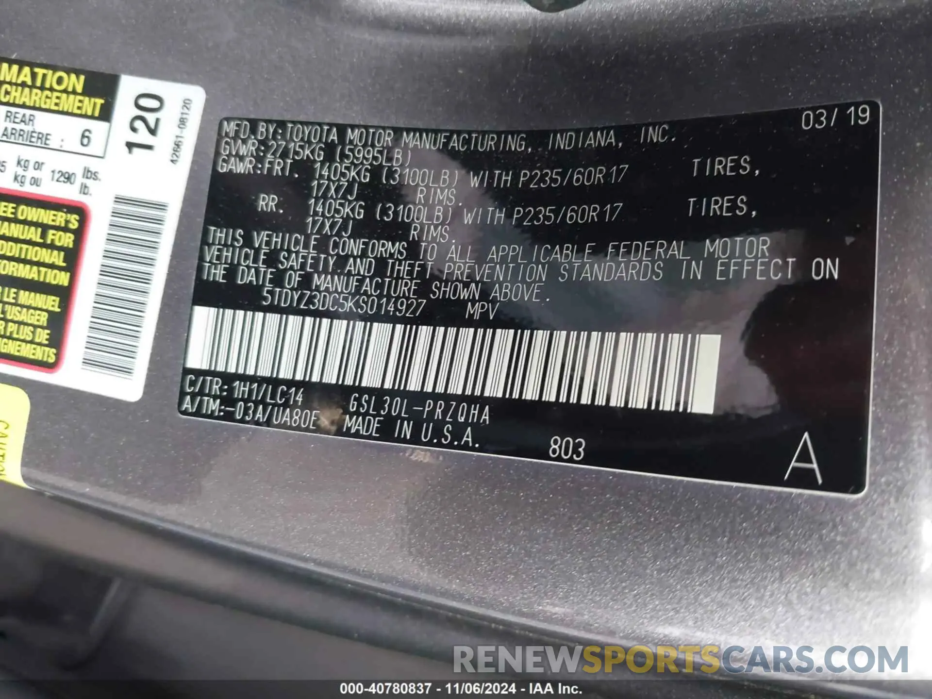 9 Photograph of a damaged car 5TDYZ3DC5KS014927 TOYOTA SIENNA 2019