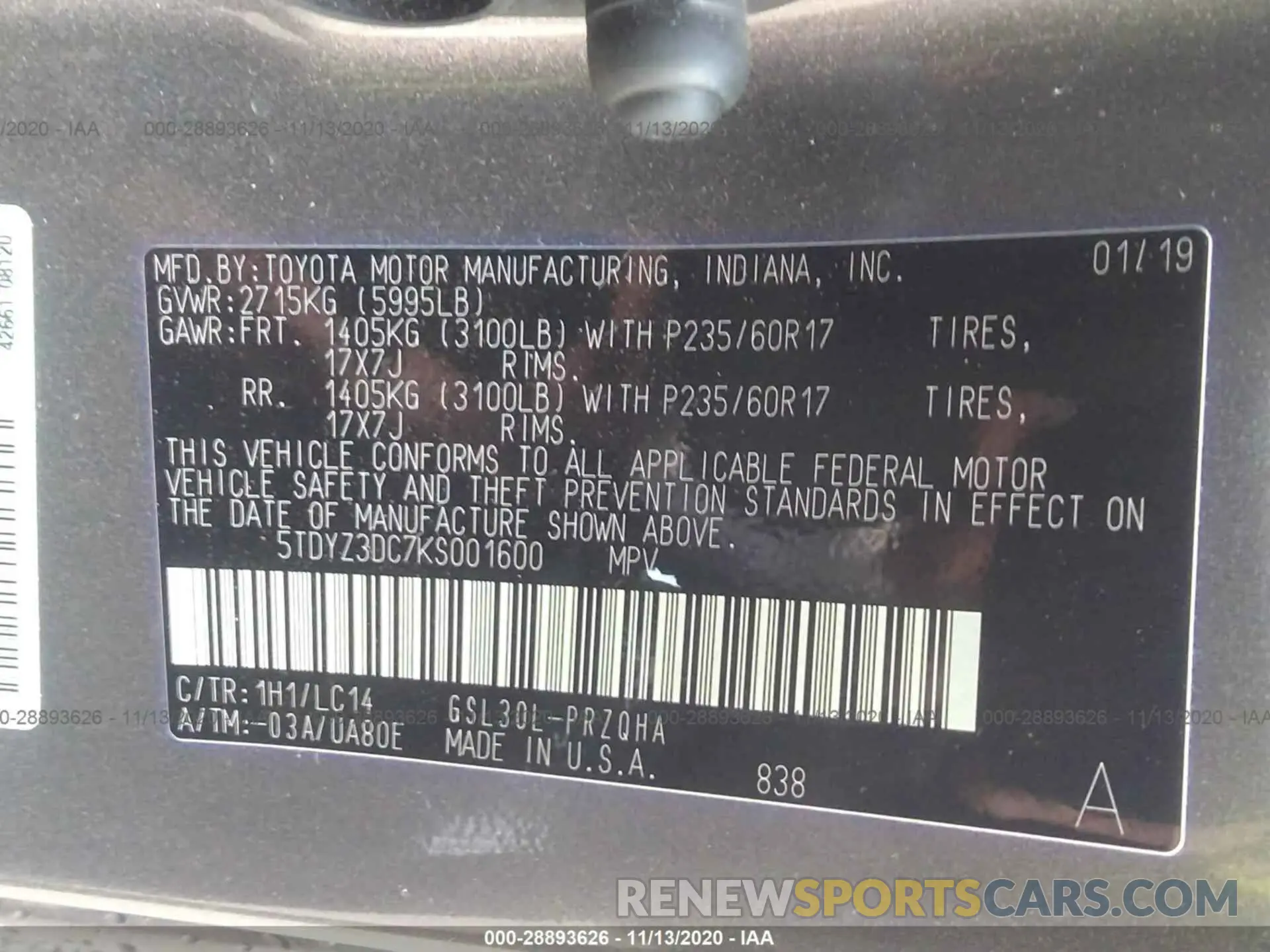 9 Photograph of a damaged car 5TDYZ3DC7KS001600 TOYOTA SIENNA 2019
