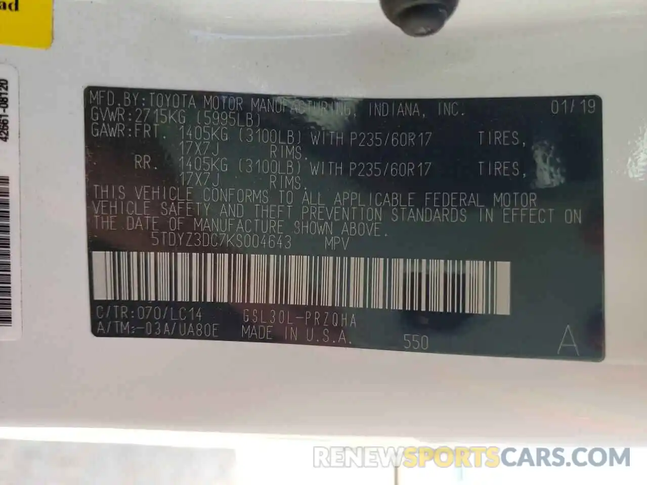 10 Photograph of a damaged car 5TDYZ3DC7KS004643 TOYOTA SIENNA 2019