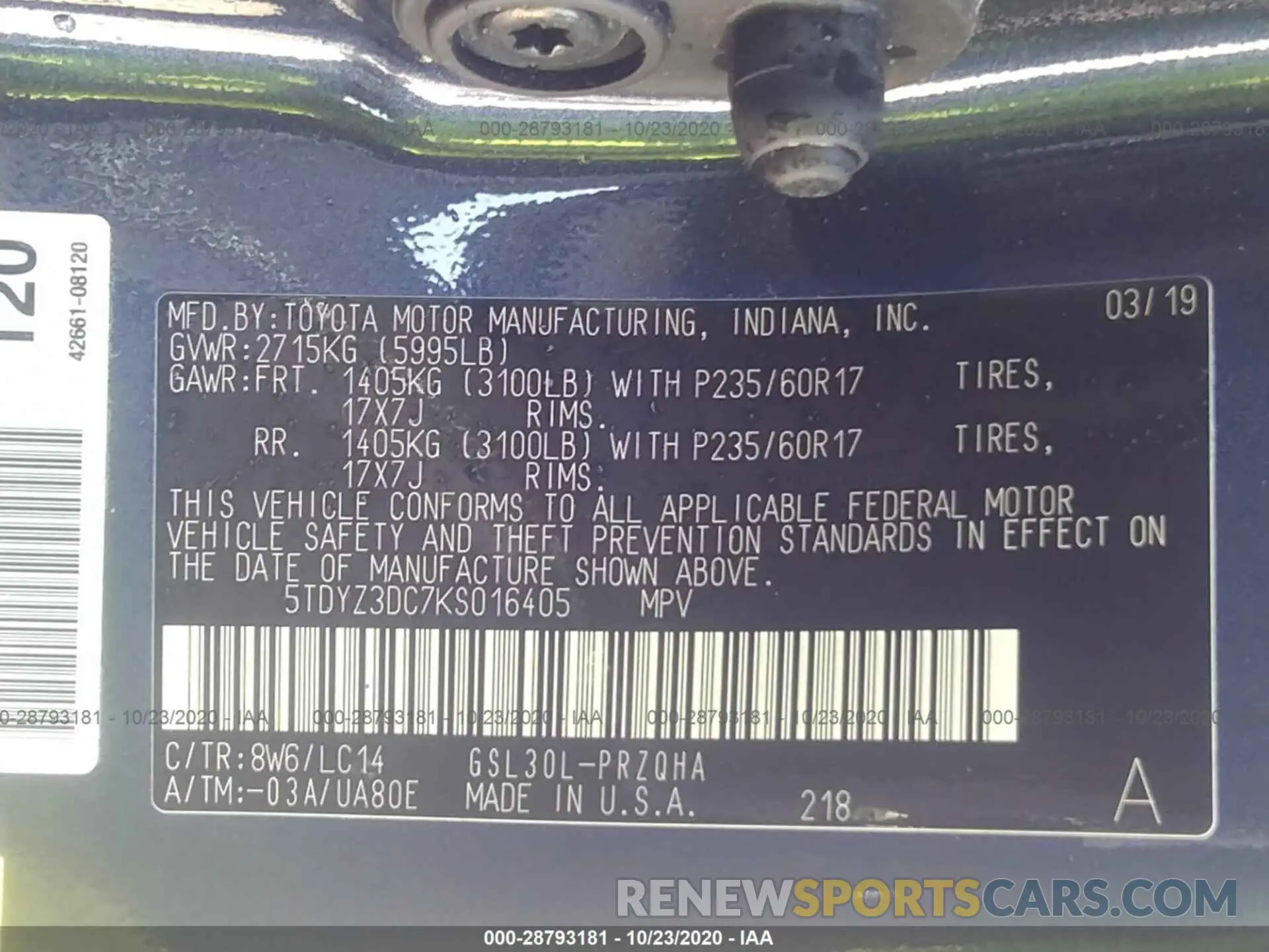 9 Photograph of a damaged car 5TDYZ3DC7KS016405 TOYOTA SIENNA 2019