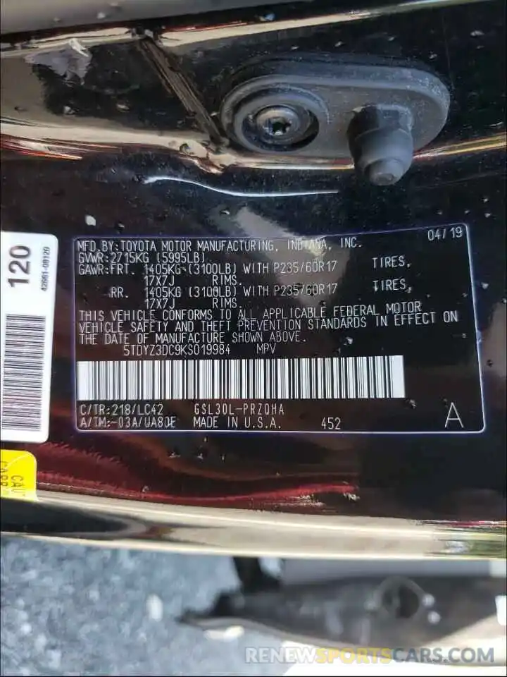 10 Photograph of a damaged car 5TDYZ3DC9KS019984 TOYOTA SIENNA 2019