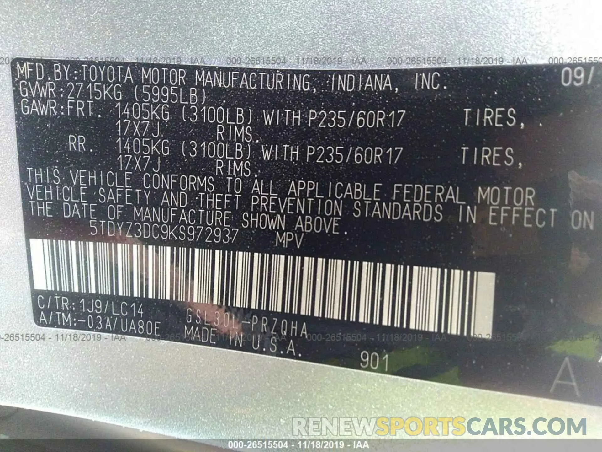 9 Photograph of a damaged car 5TDYZ3DC9KS972937 TOYOTA SIENNA 2019