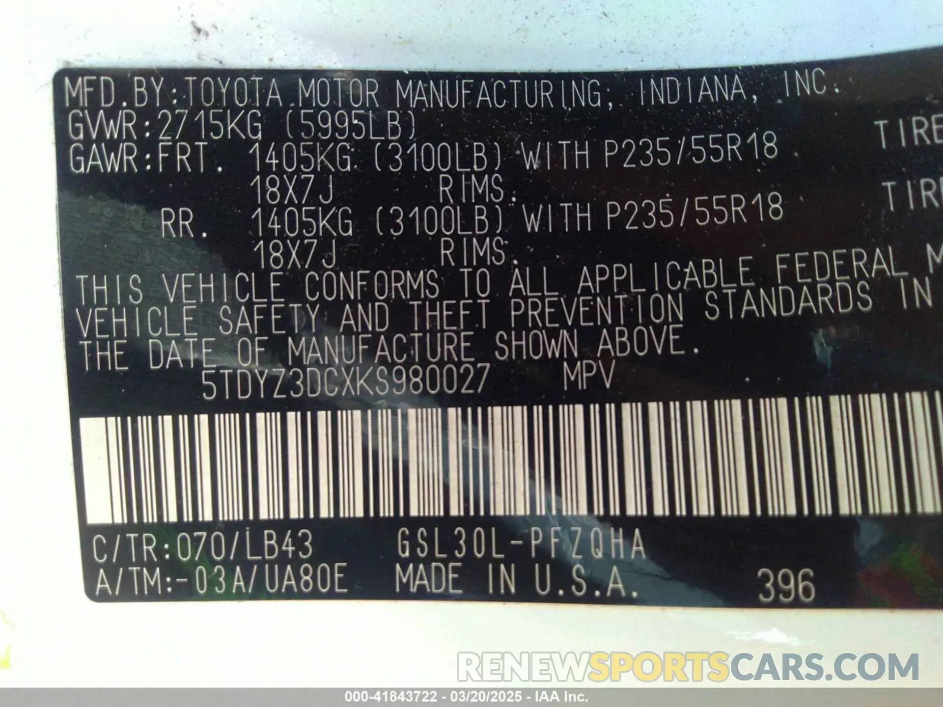 9 Photograph of a damaged car 5TDYZ3DCXKS980027 TOYOTA SIENNA 2019