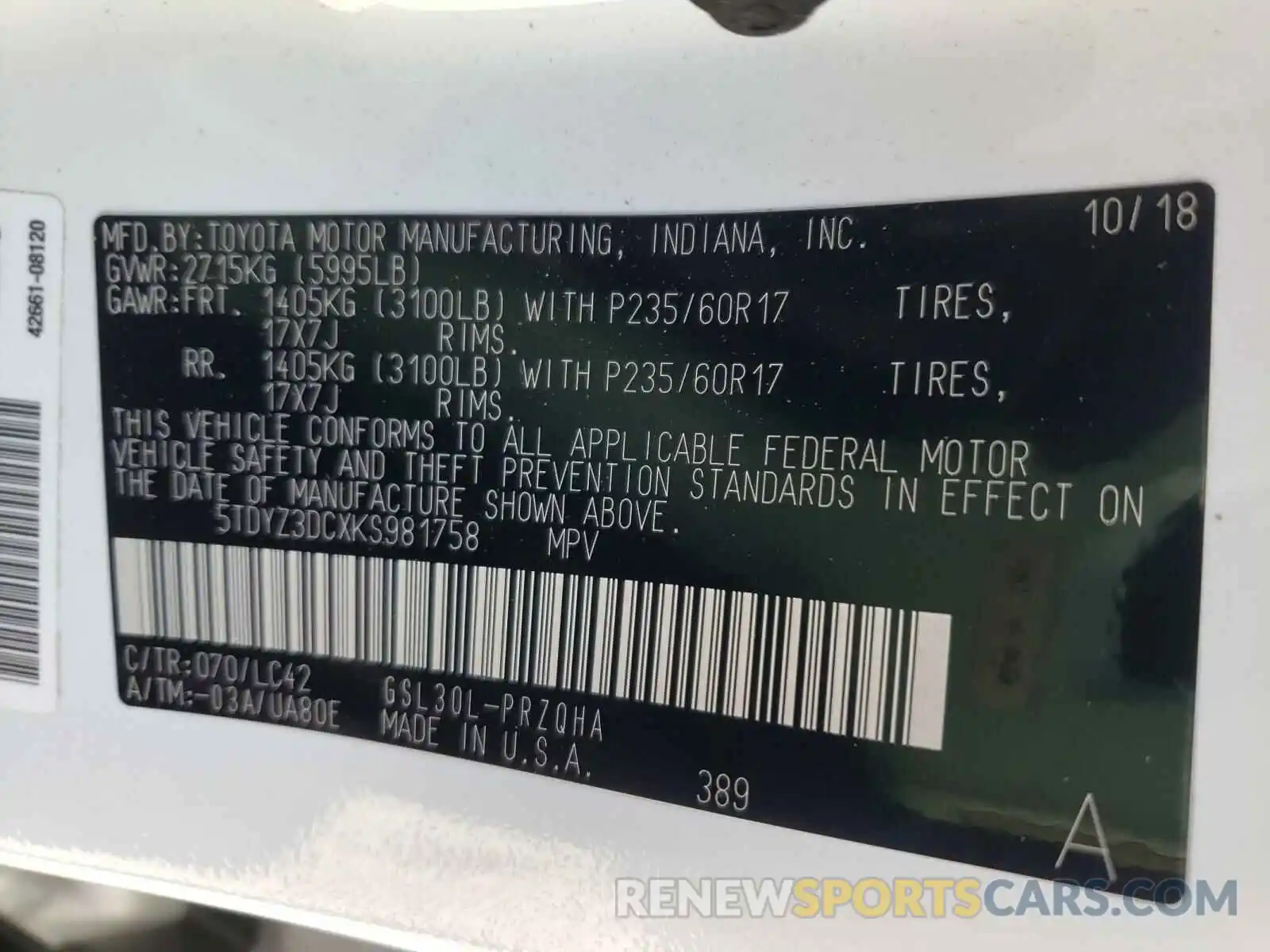 10 Photograph of a damaged car 5TDYZ3DCXKS981758 TOYOTA SIENNA 2019