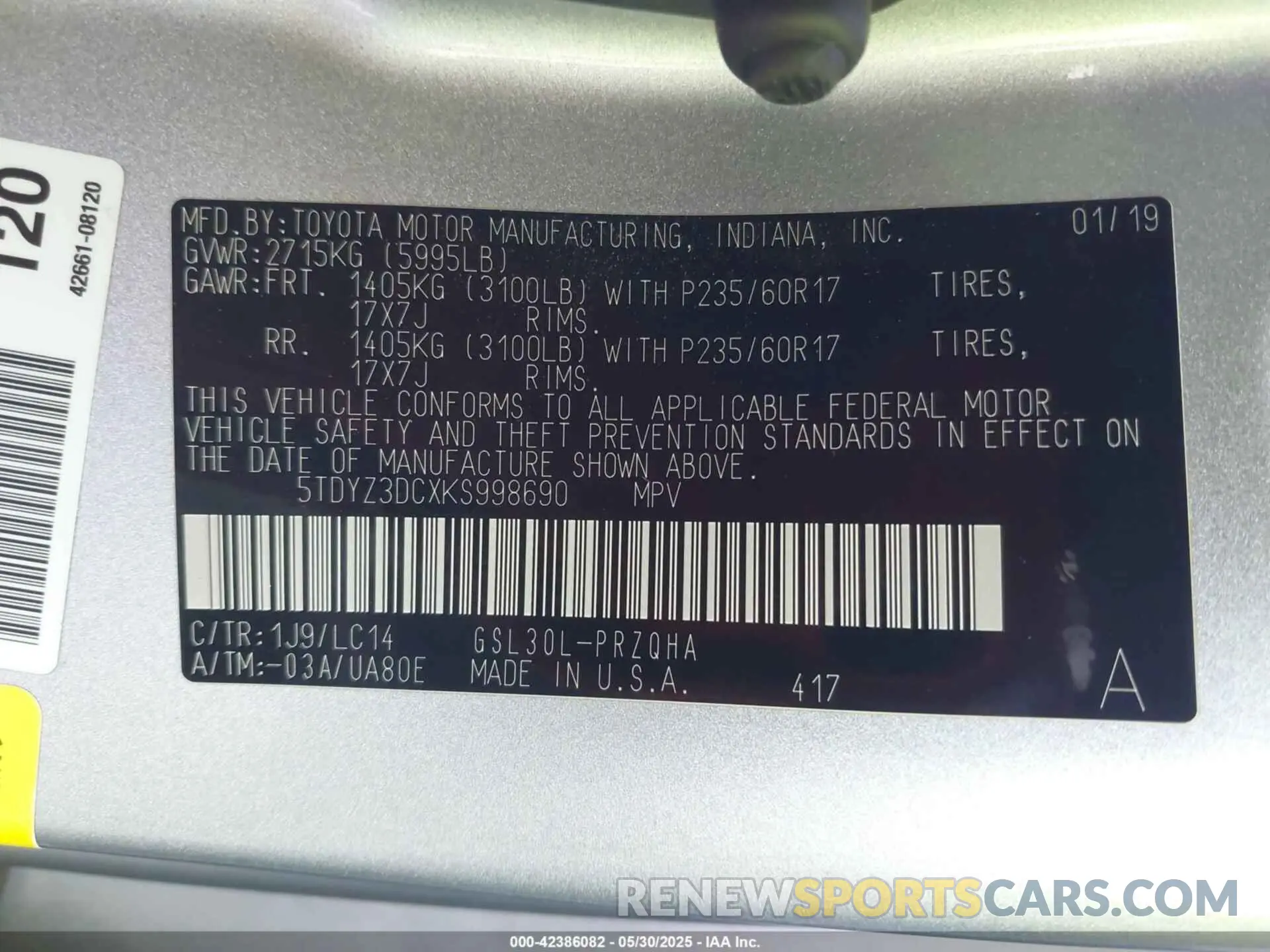 9 Photograph of a damaged car 5TDYZ3DCXKS998690 TOYOTA SIENNA 2019