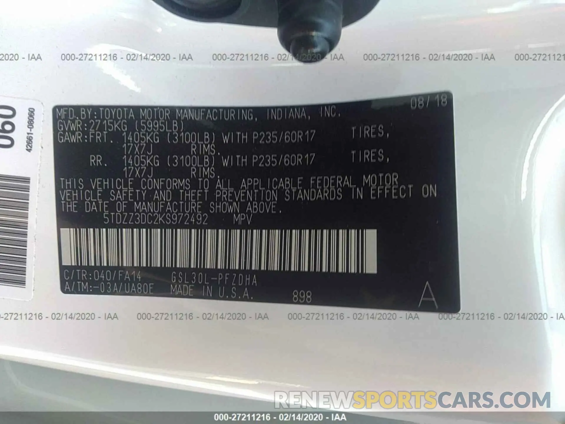 9 Photograph of a damaged car 5TDZZ3DC2KS972492 TOYOTA SIENNA 2019