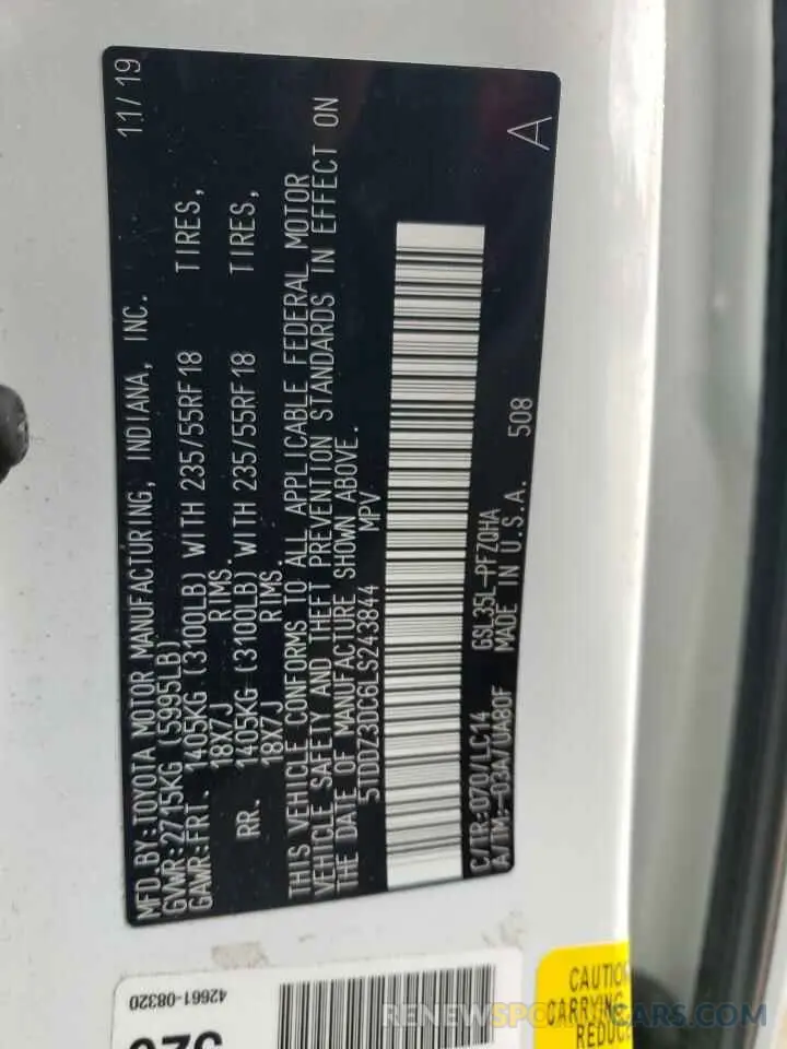 10 Photograph of a damaged car 5TDDZ3DC6LS243844 TOYOTA SIENNA 2020