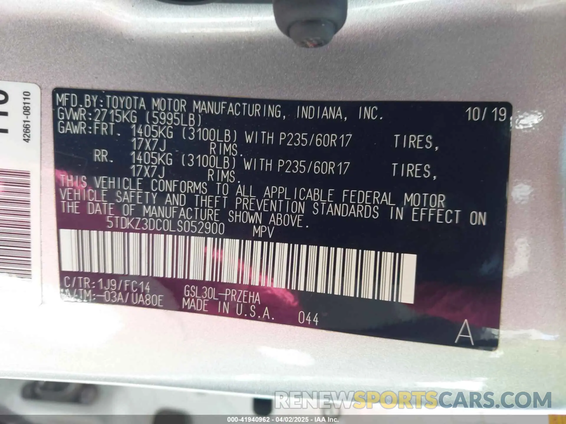 9 Photograph of a damaged car 5TDKZ3DC0LS052900 TOYOTA SIENNA 2020