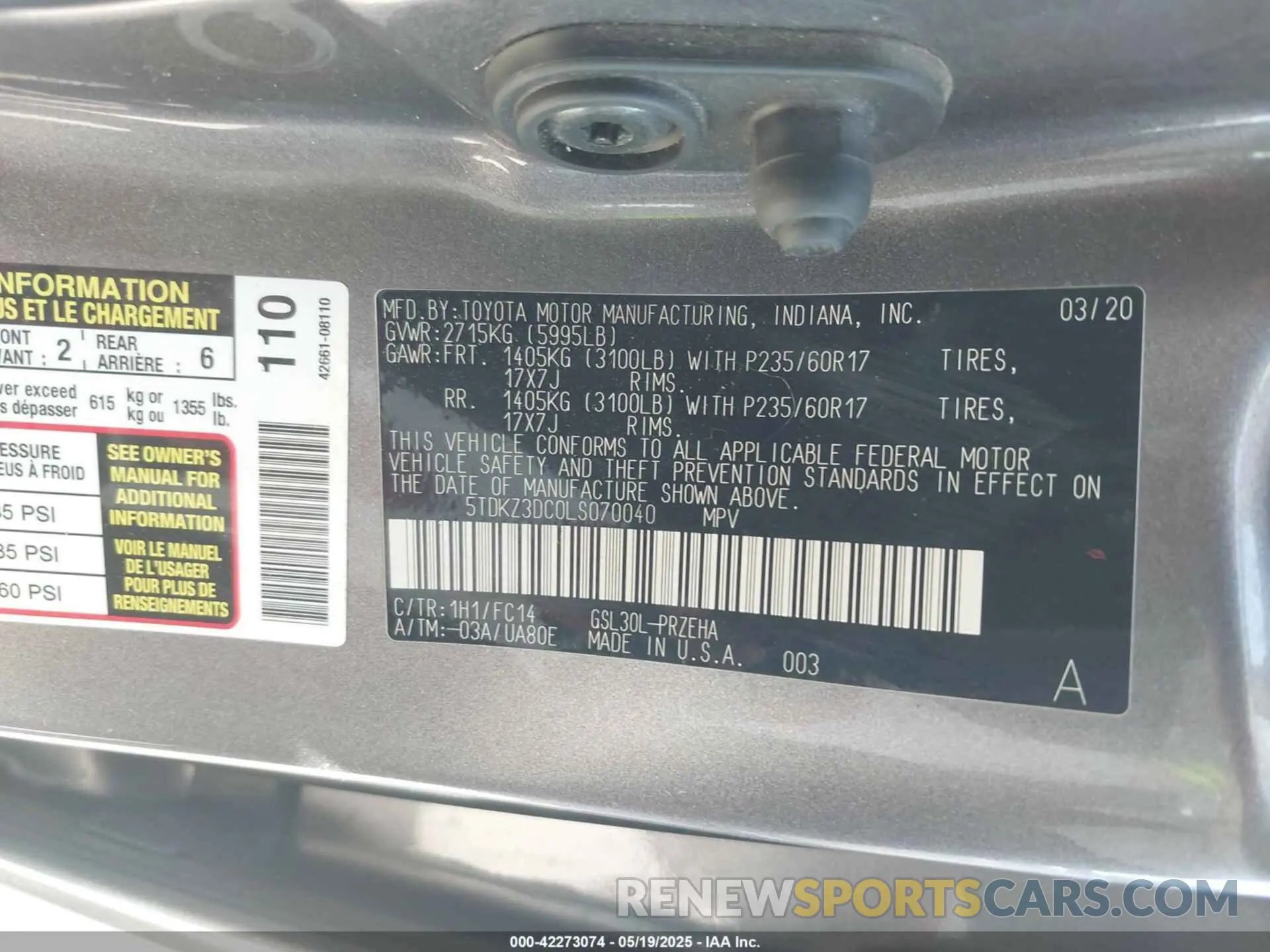 9 Photograph of a damaged car 5TDKZ3DC0LS070040 TOYOTA SIENNA 2020