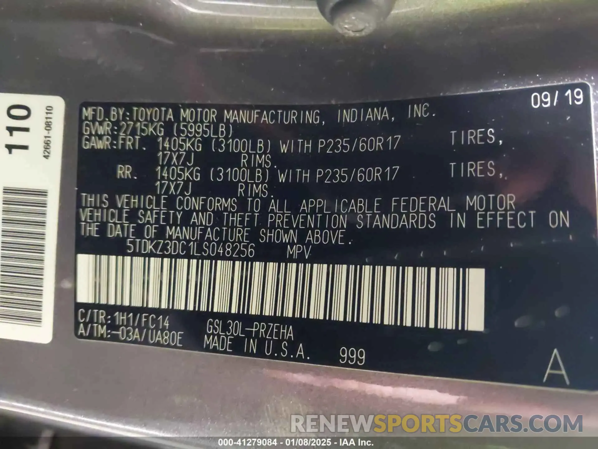 9 Photograph of a damaged car 5TDKZ3DC1LS048256 TOYOTA SIENNA 2020