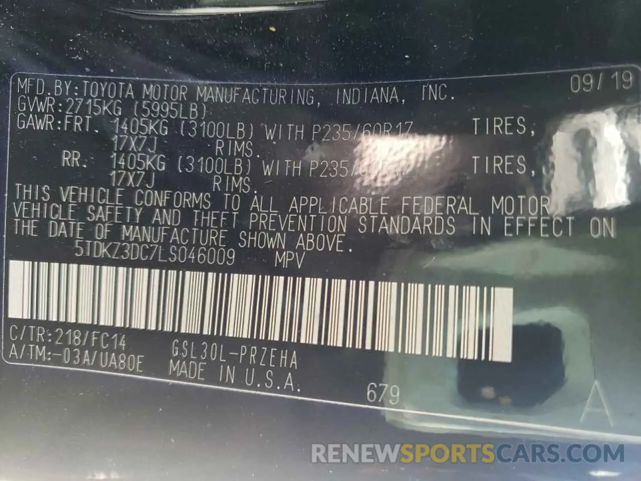 10 Photograph of a damaged car 5TDKZ3DC7LS046009 TOYOTA SIENNA 2020