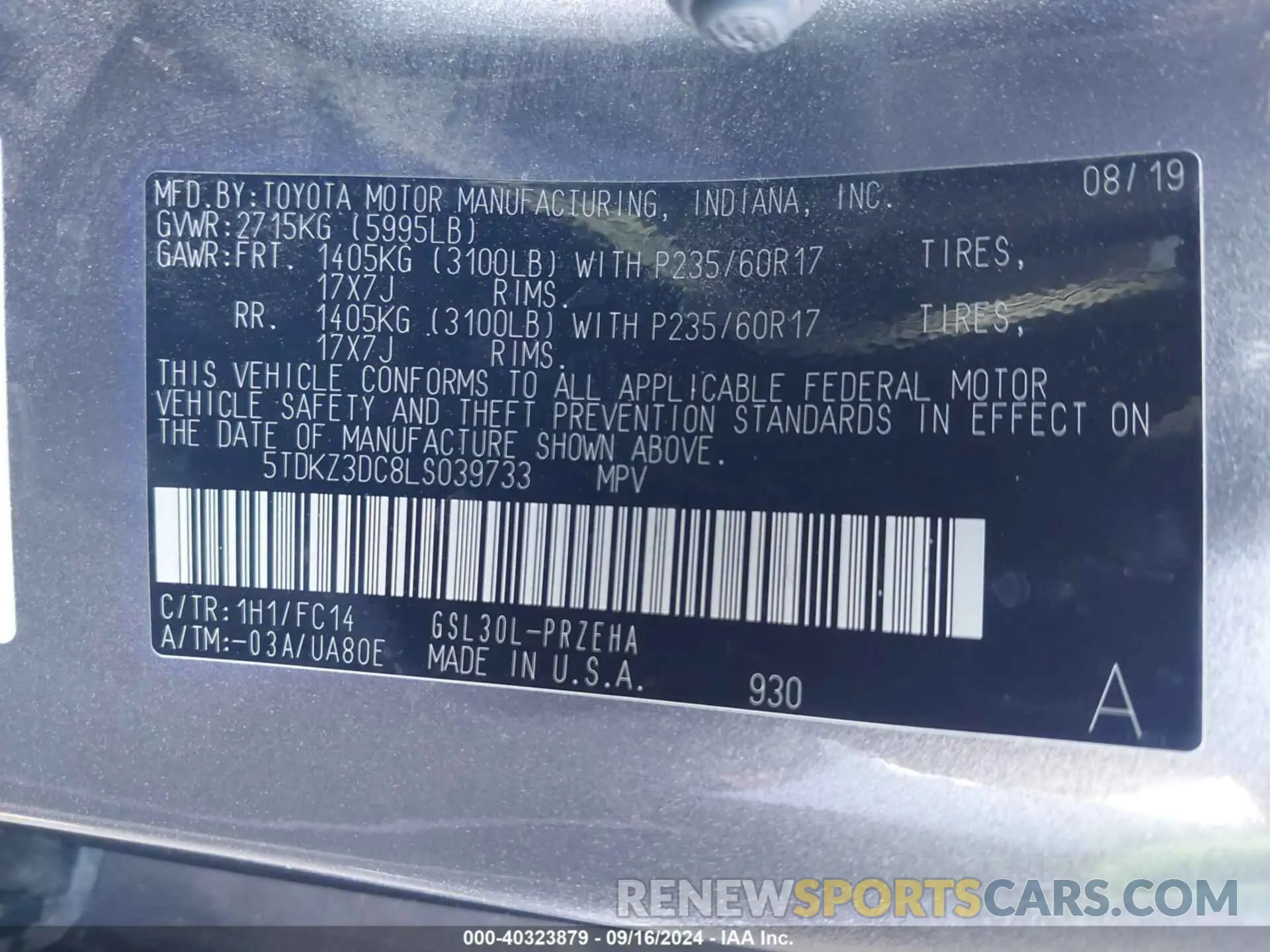 9 Photograph of a damaged car 5TDKZ3DC8LS039733 TOYOTA SIENNA 2020