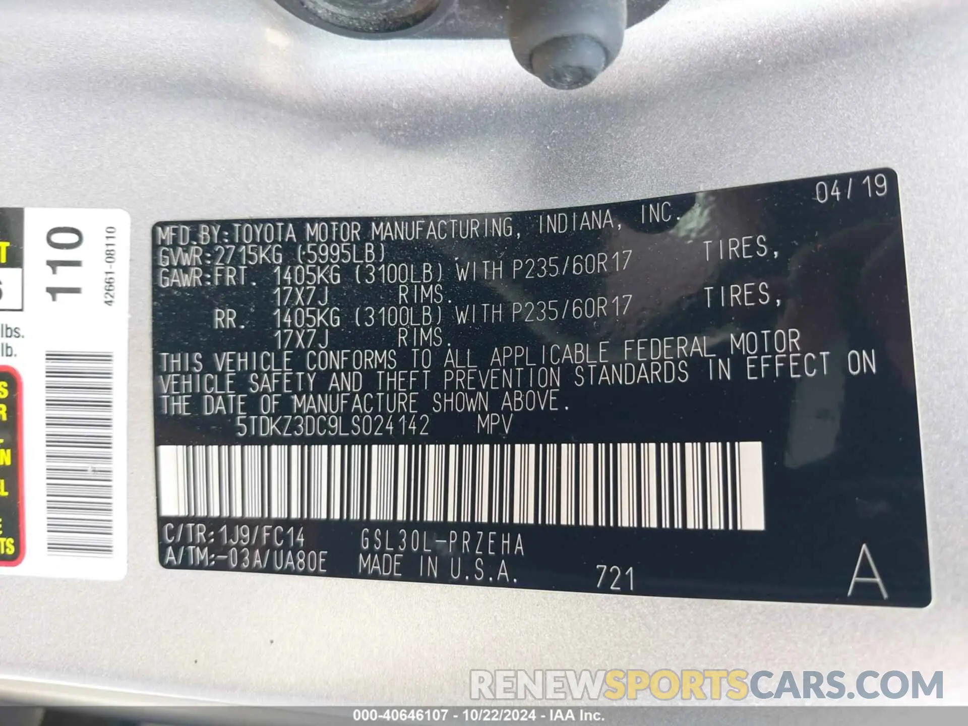9 Photograph of a damaged car 5TDKZ3DC9LS024142 TOYOTA SIENNA 2020