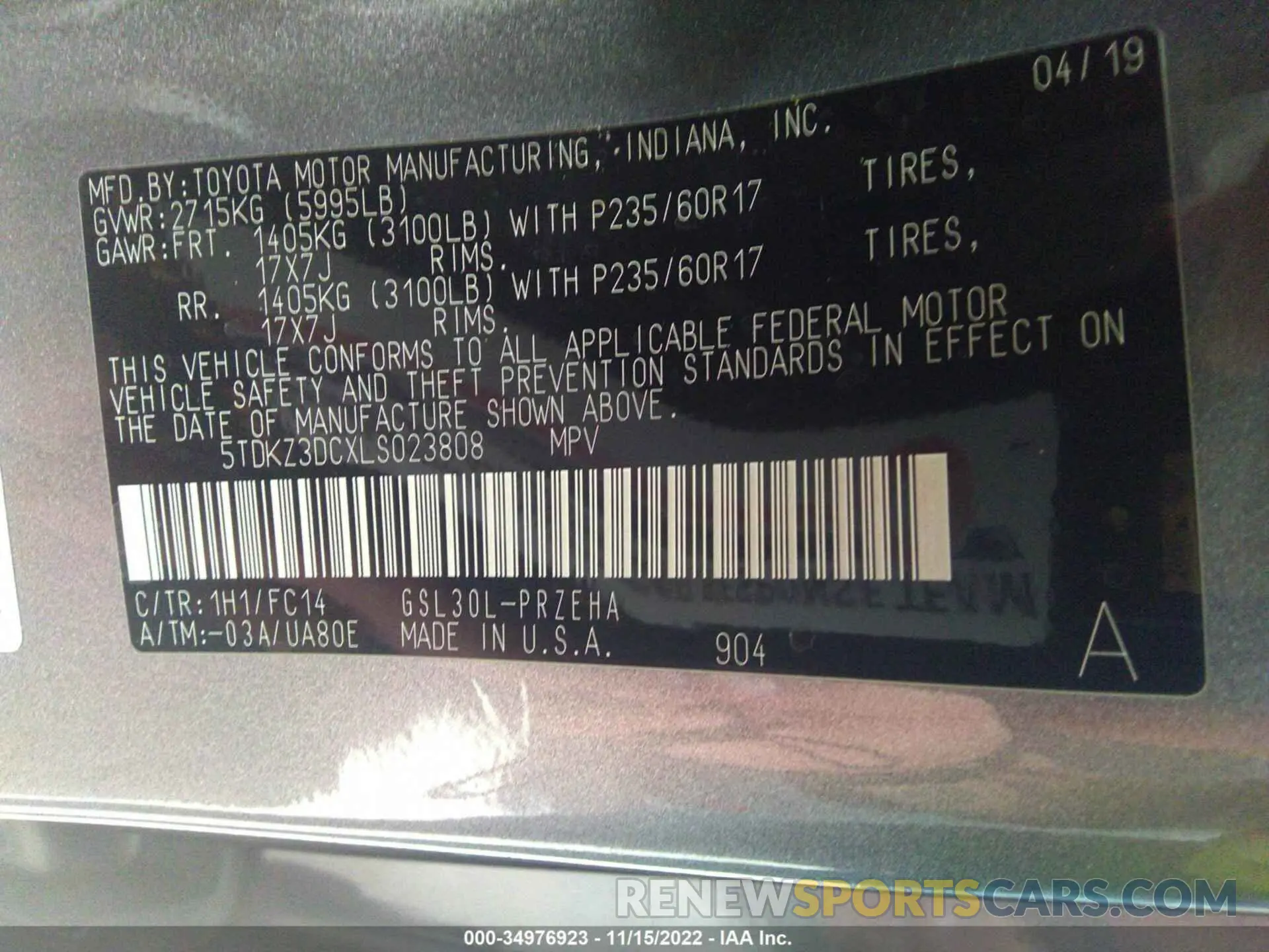 9 Photograph of a damaged car 5TDKZ3DCXLS023808 TOYOTA SIENNA 2020