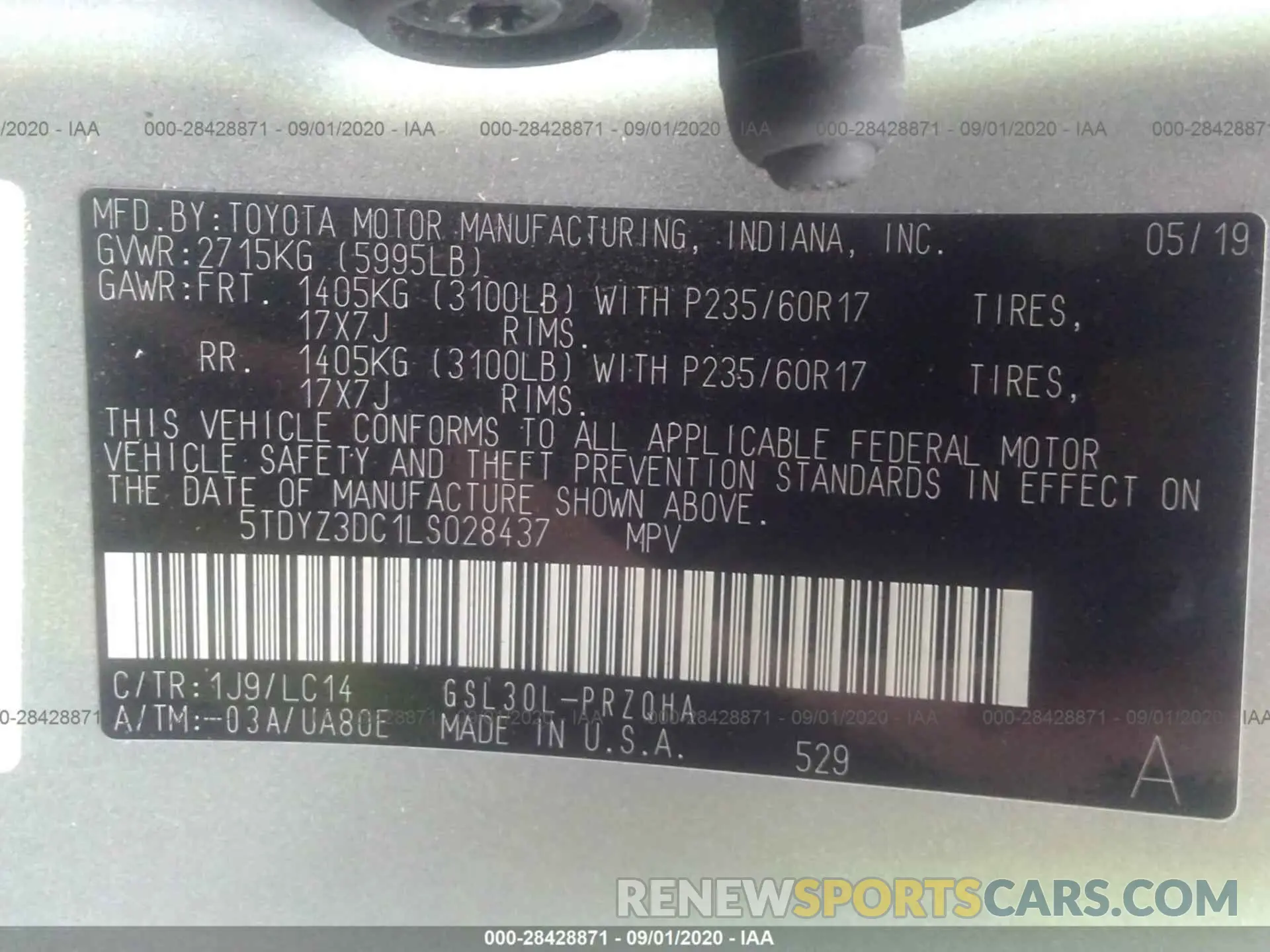 9 Photograph of a damaged car 5TDYZ3DC1LS028437 TOYOTA SIENNA 2020