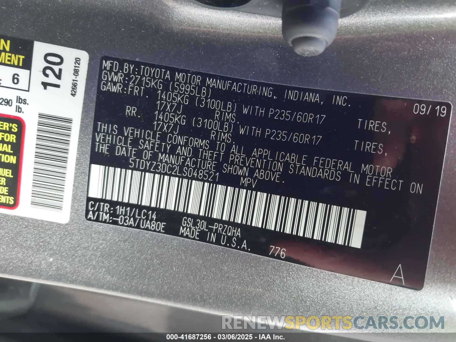 9 Photograph of a damaged car 5TDYZ3DC2LS048521 TOYOTA SIENNA 2020
