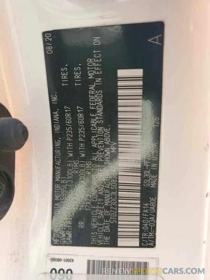 13 Photograph of a damaged car 5TDZZ3DC3LS083847 TOYOTA SIENNA 2020