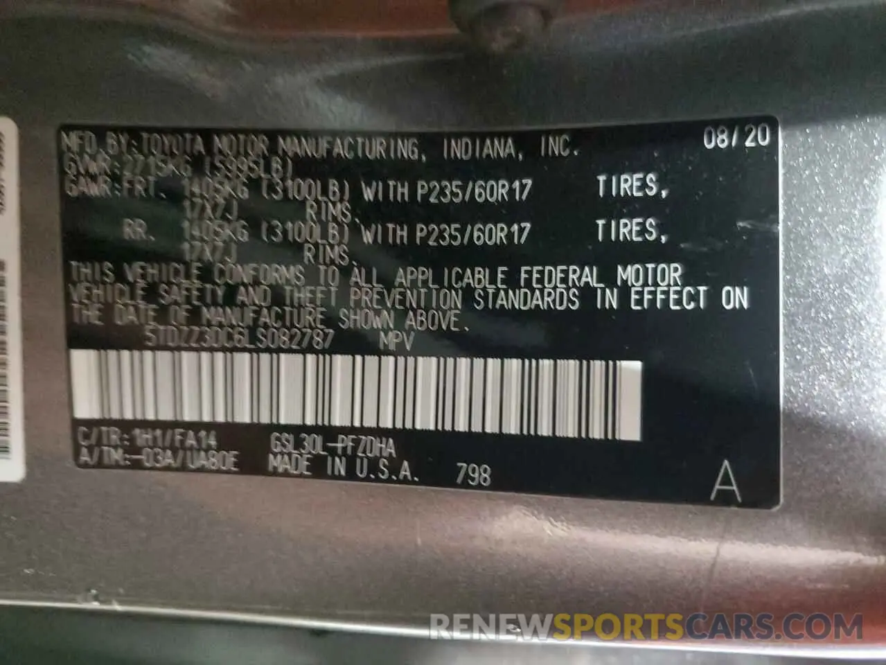 13 Photograph of a damaged car 5TDZZ3DC6LS082787 TOYOTA SIENNA 2020