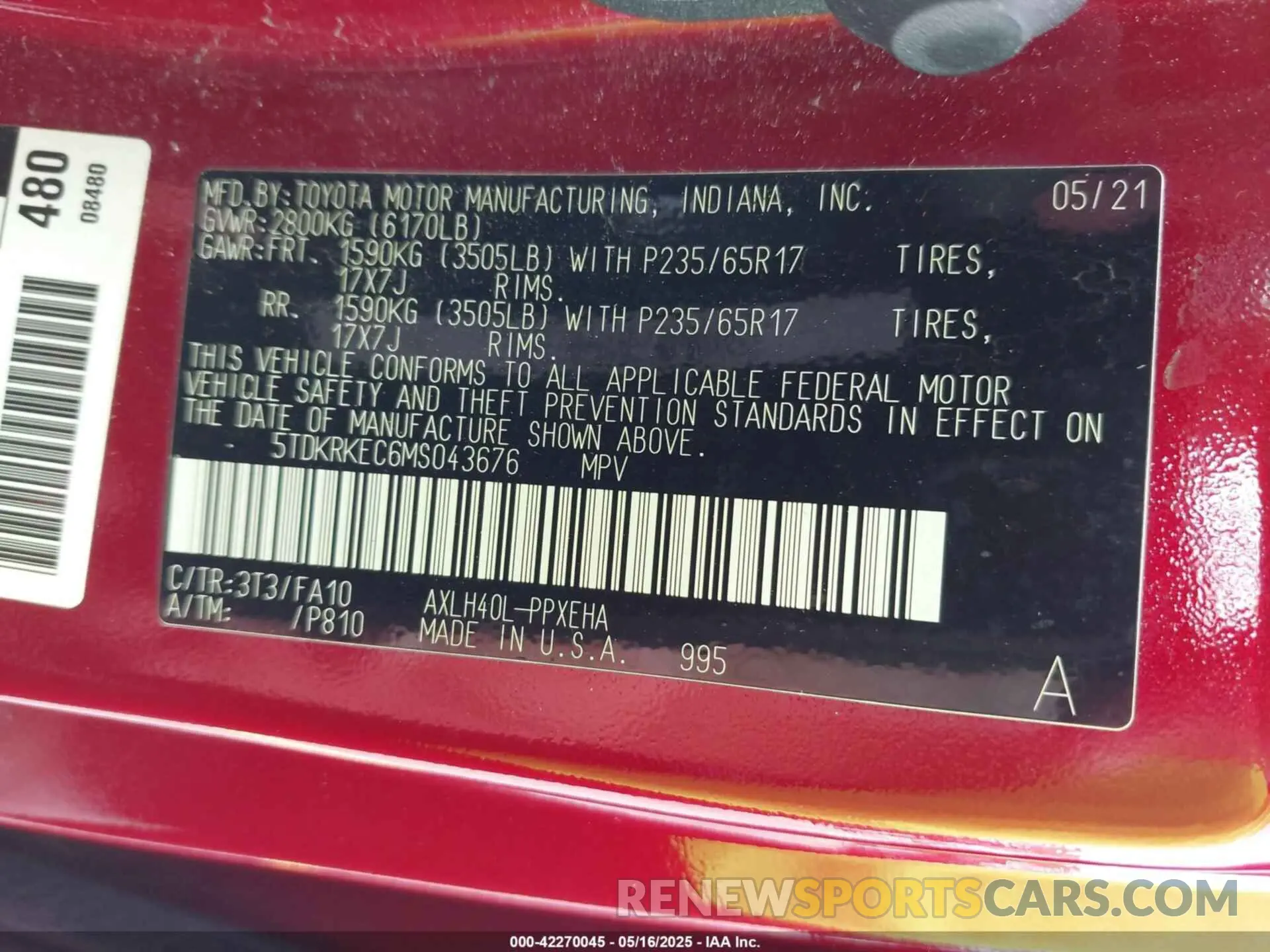 9 Photograph of a damaged car 5TDKRKEC6MS043676 TOYOTA SIENNA 2021