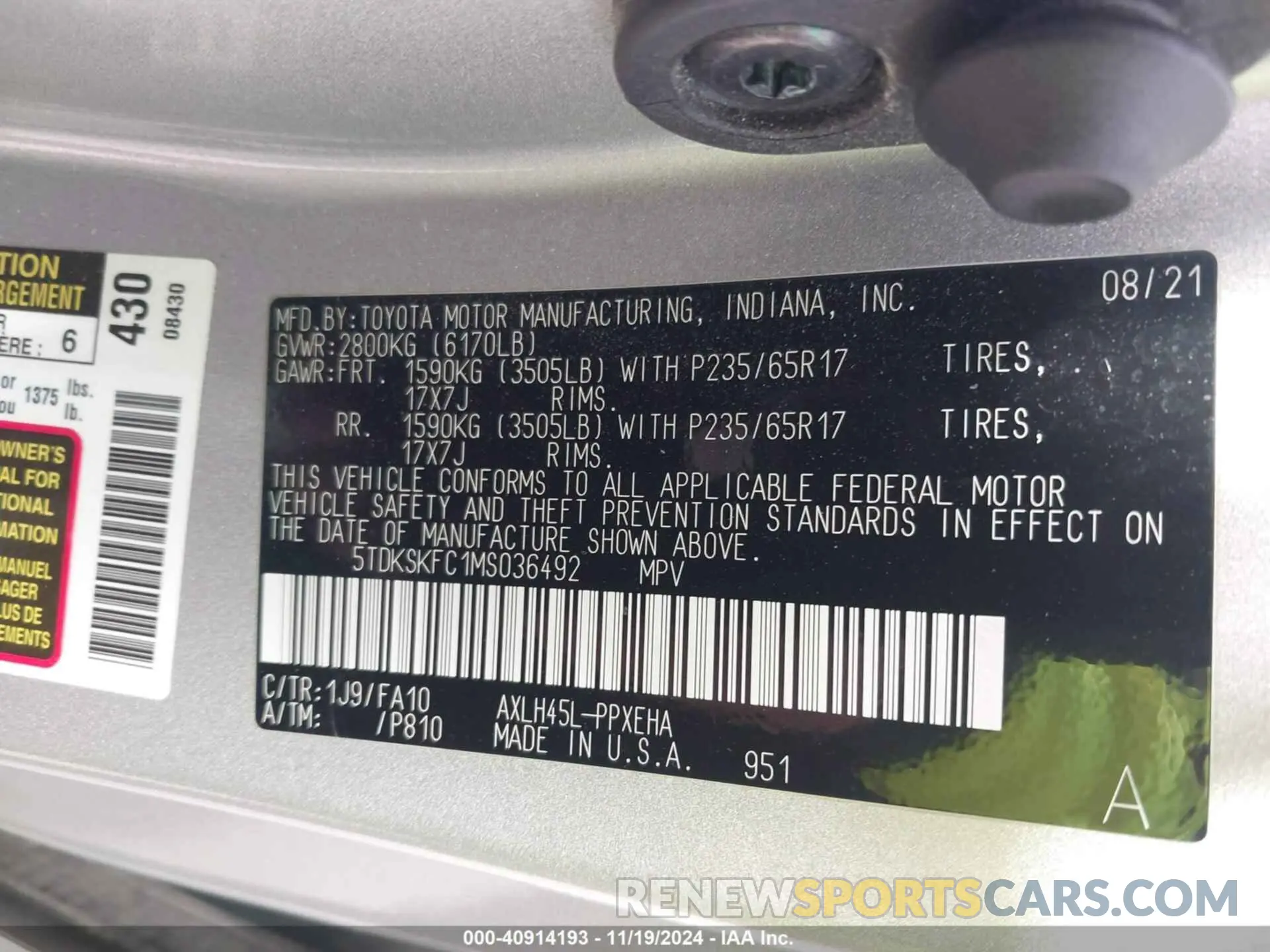 9 Photograph of a damaged car 5TDKSKFC1MS036492 TOYOTA SIENNA 2021