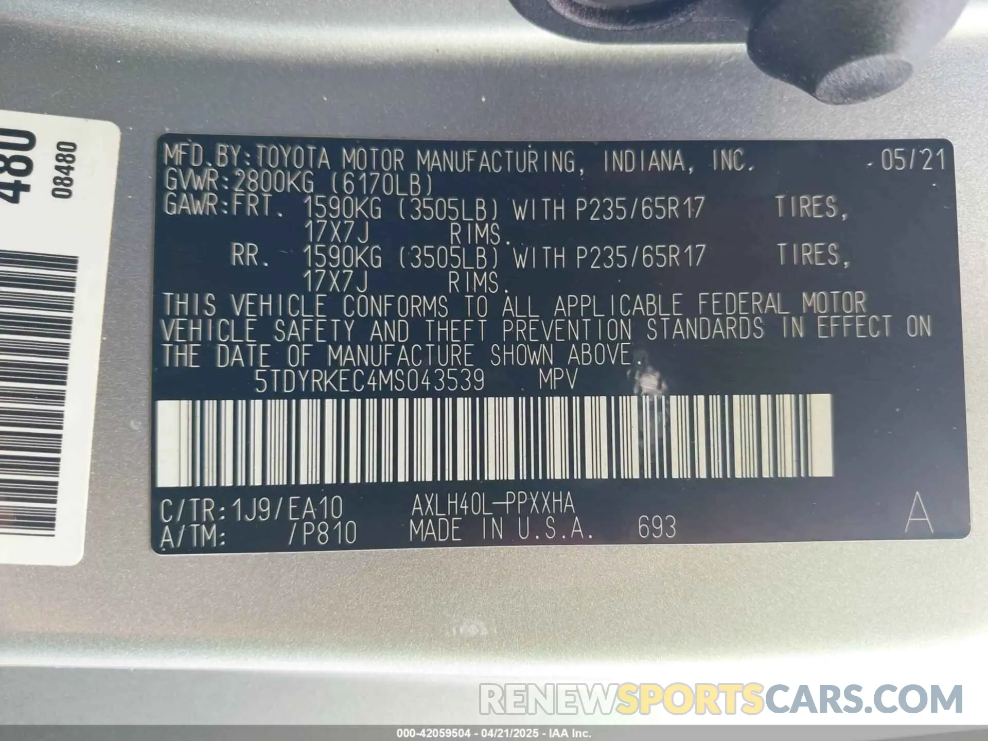 9 Photograph of a damaged car 5TDYRKEC4MS043539 TOYOTA SIENNA 2021