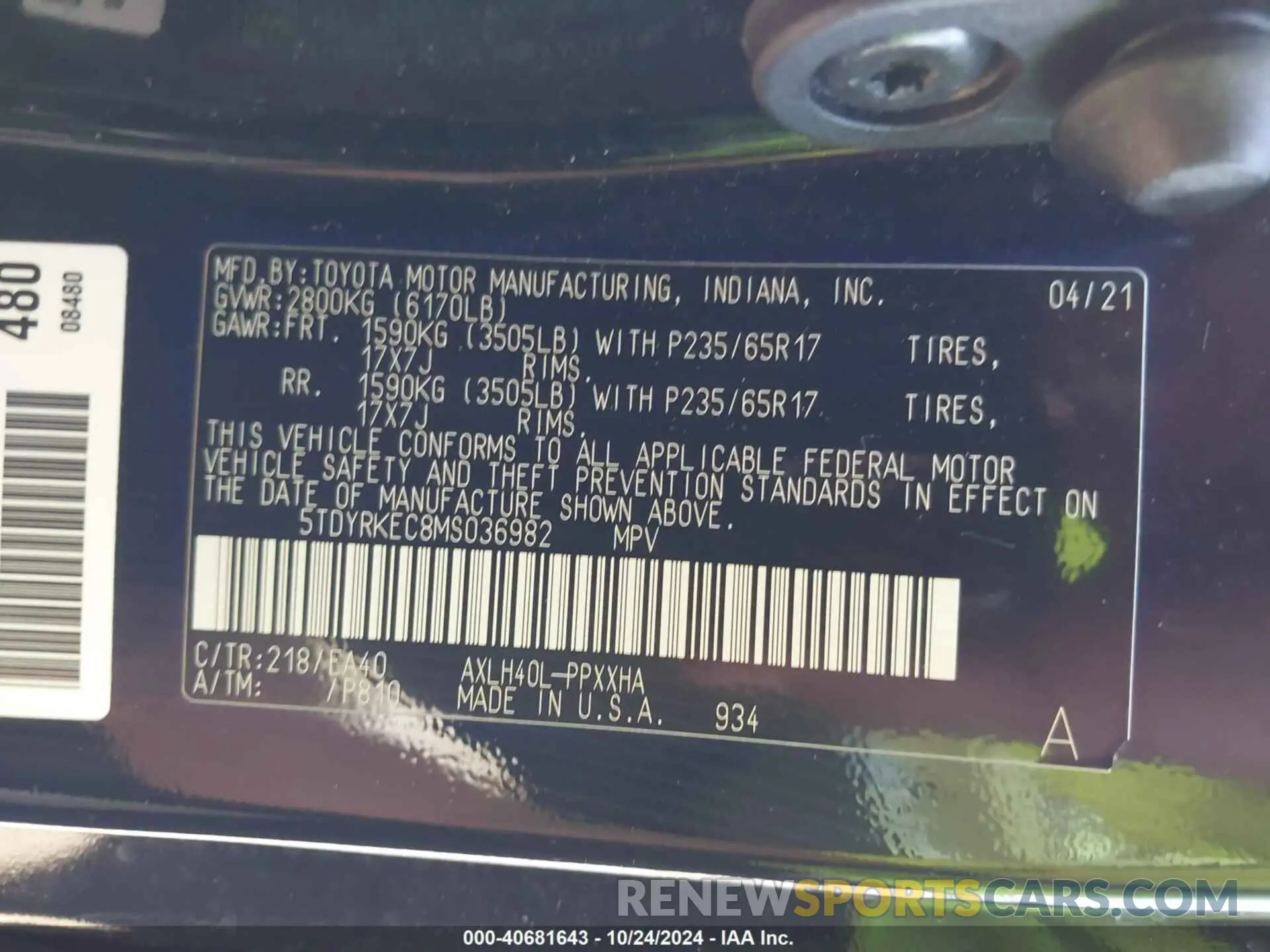 9 Photograph of a damaged car 5TDYRKEC8MS036982 TOYOTA SIENNA 2021