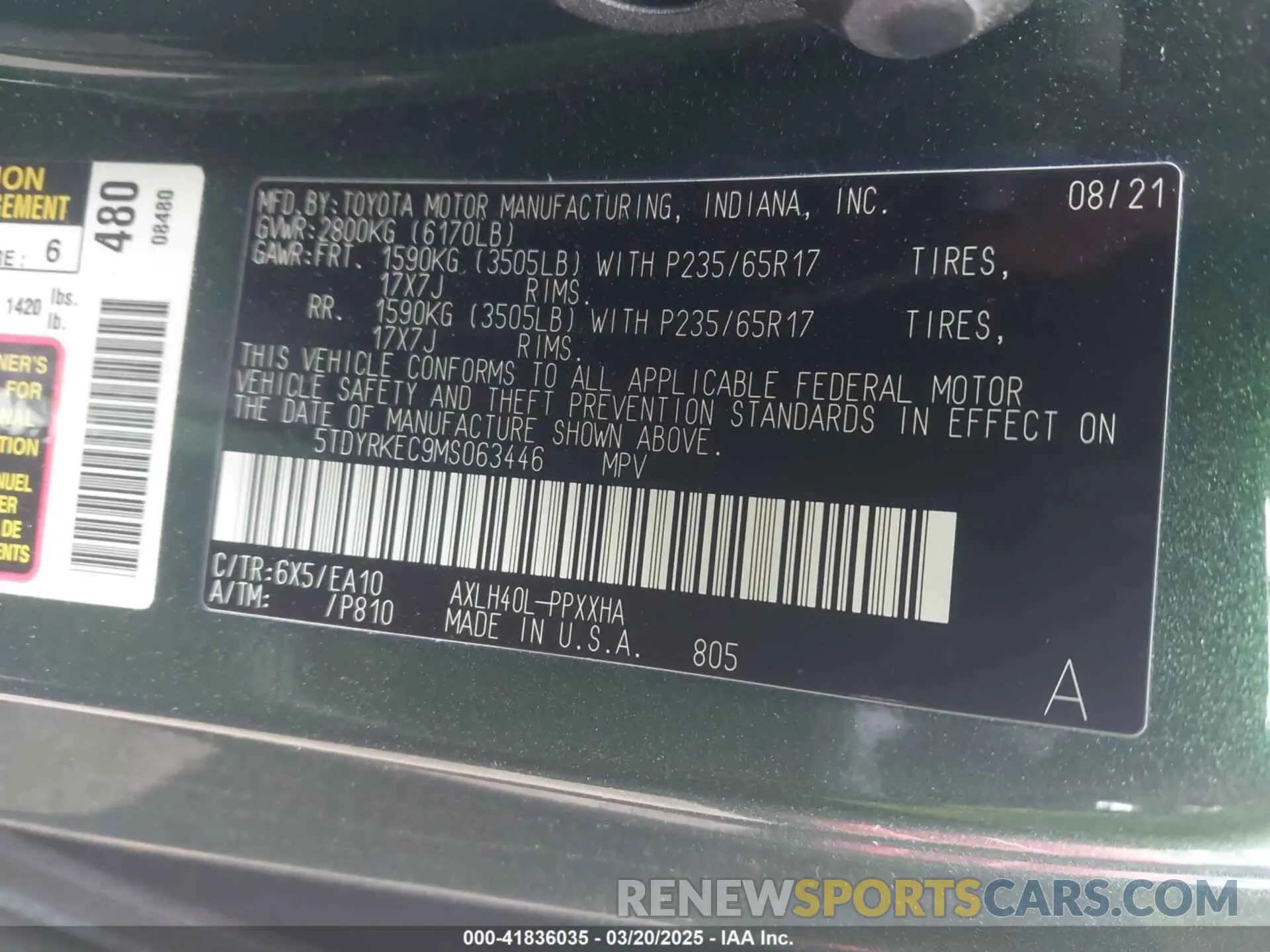 9 Photograph of a damaged car 5TDYRKEC9MS063446 TOYOTA SIENNA 2021