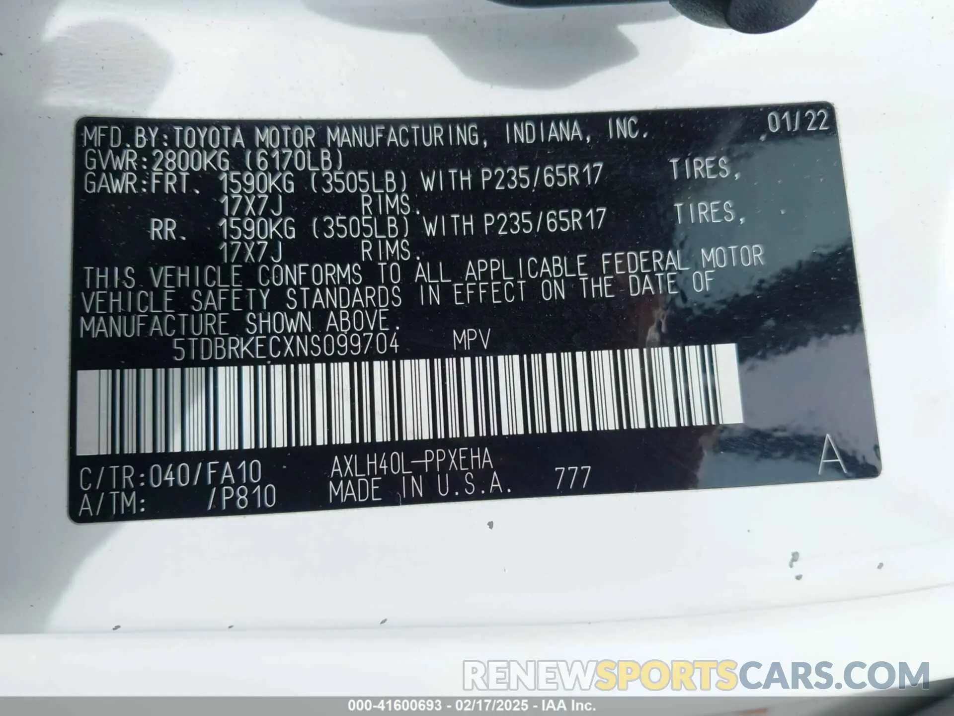 9 Photograph of a damaged car 5TDBRKECXNS099704 TOYOTA SIENNA 2022