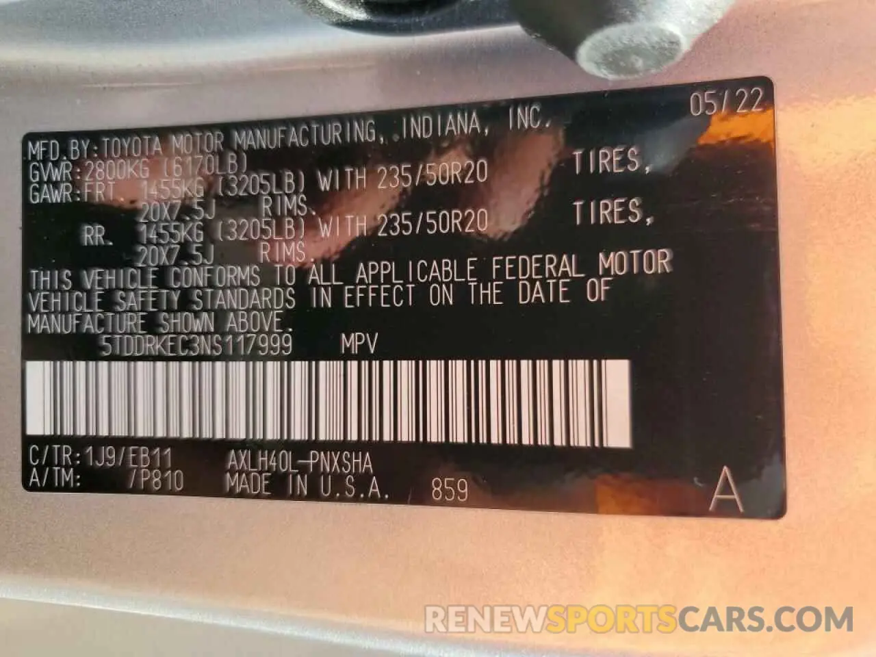 13 Photograph of a damaged car 5TDDRKEC3NS117999 TOYOTA SIENNA 2022