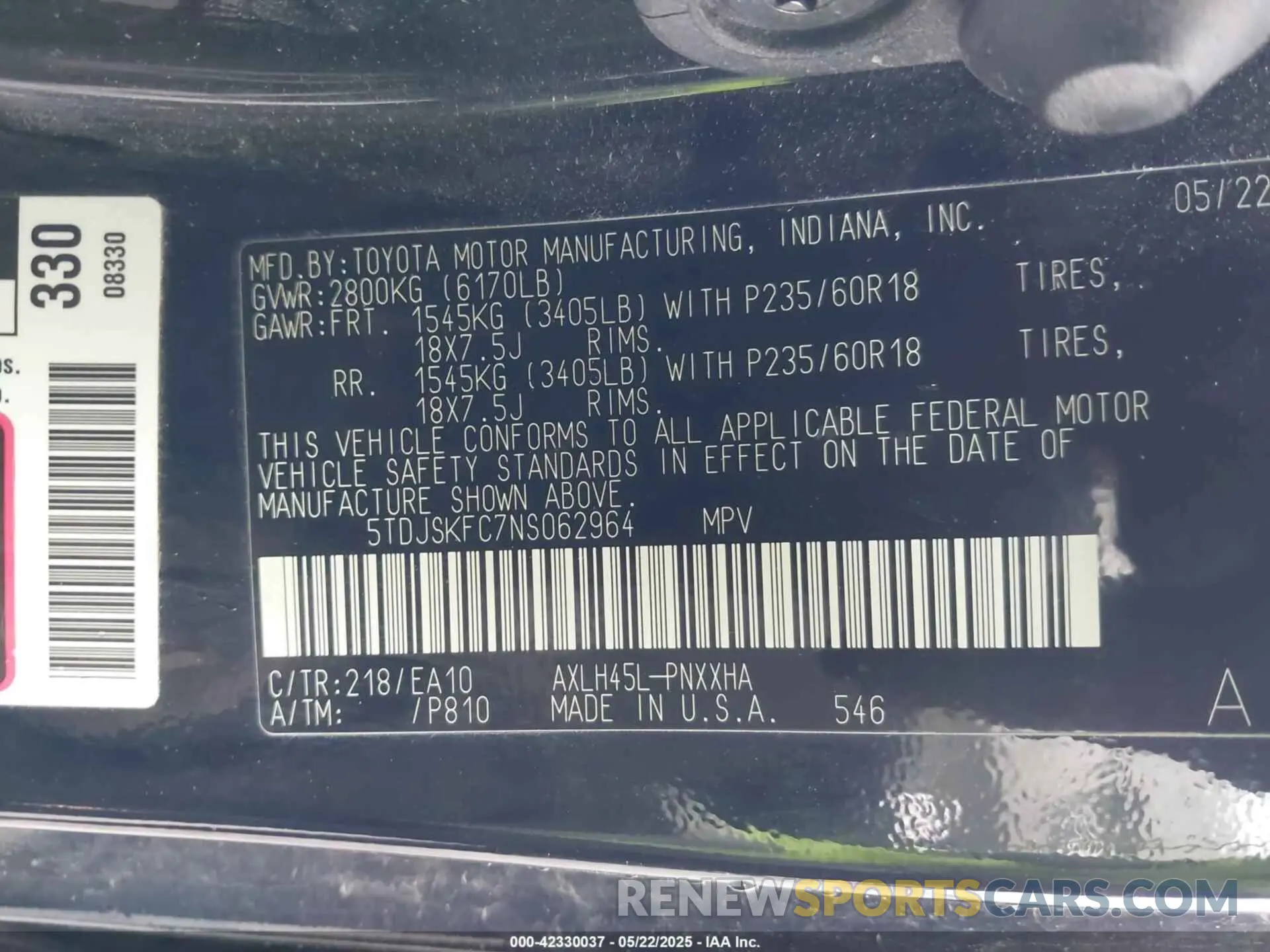 9 Photograph of a damaged car 5TDJSKFC7NS062964 TOYOTA SIENNA 2022