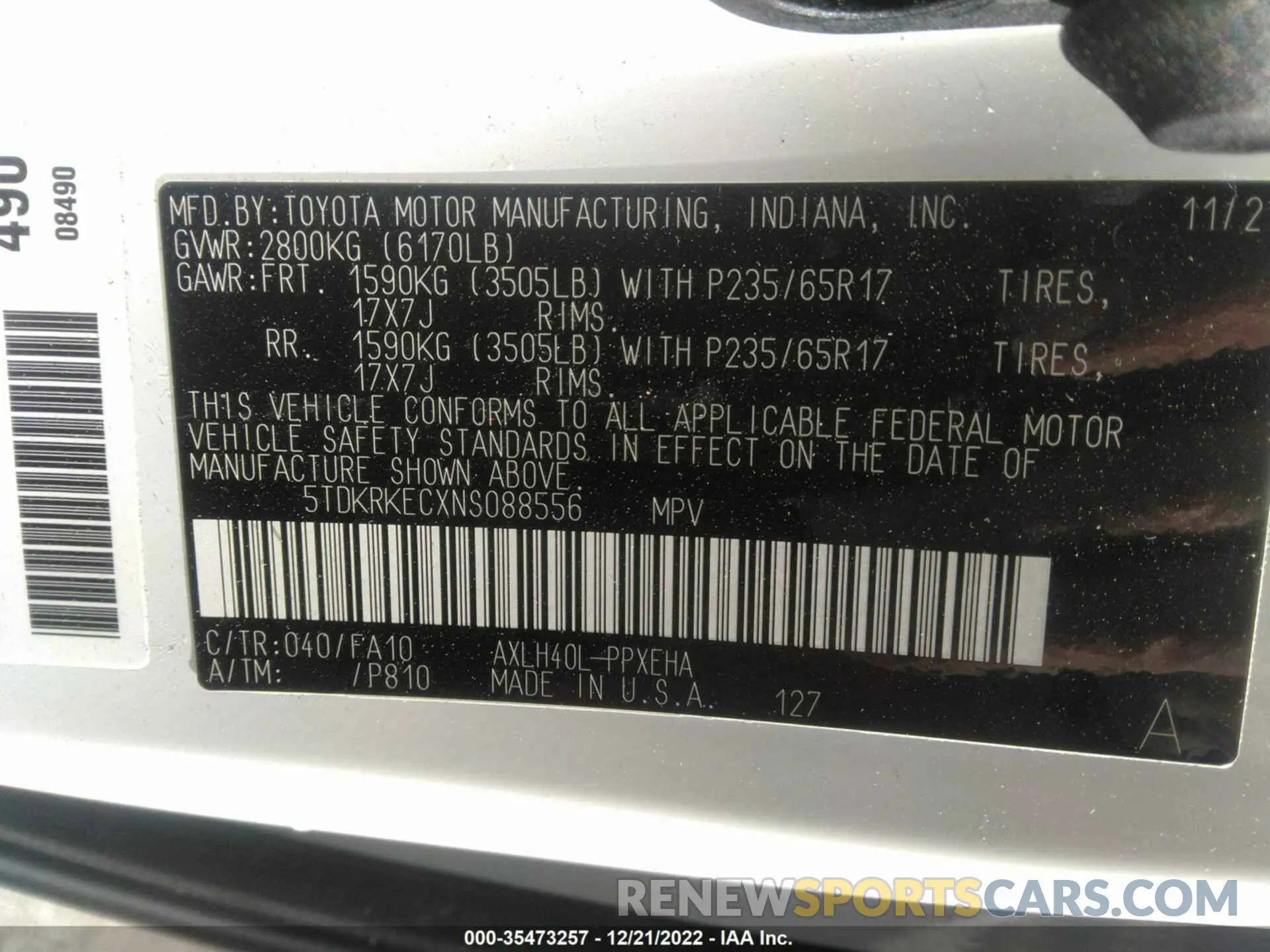 9 Photograph of a damaged car 5TDKRKECXNS088556 TOYOTA SIENNA 2022