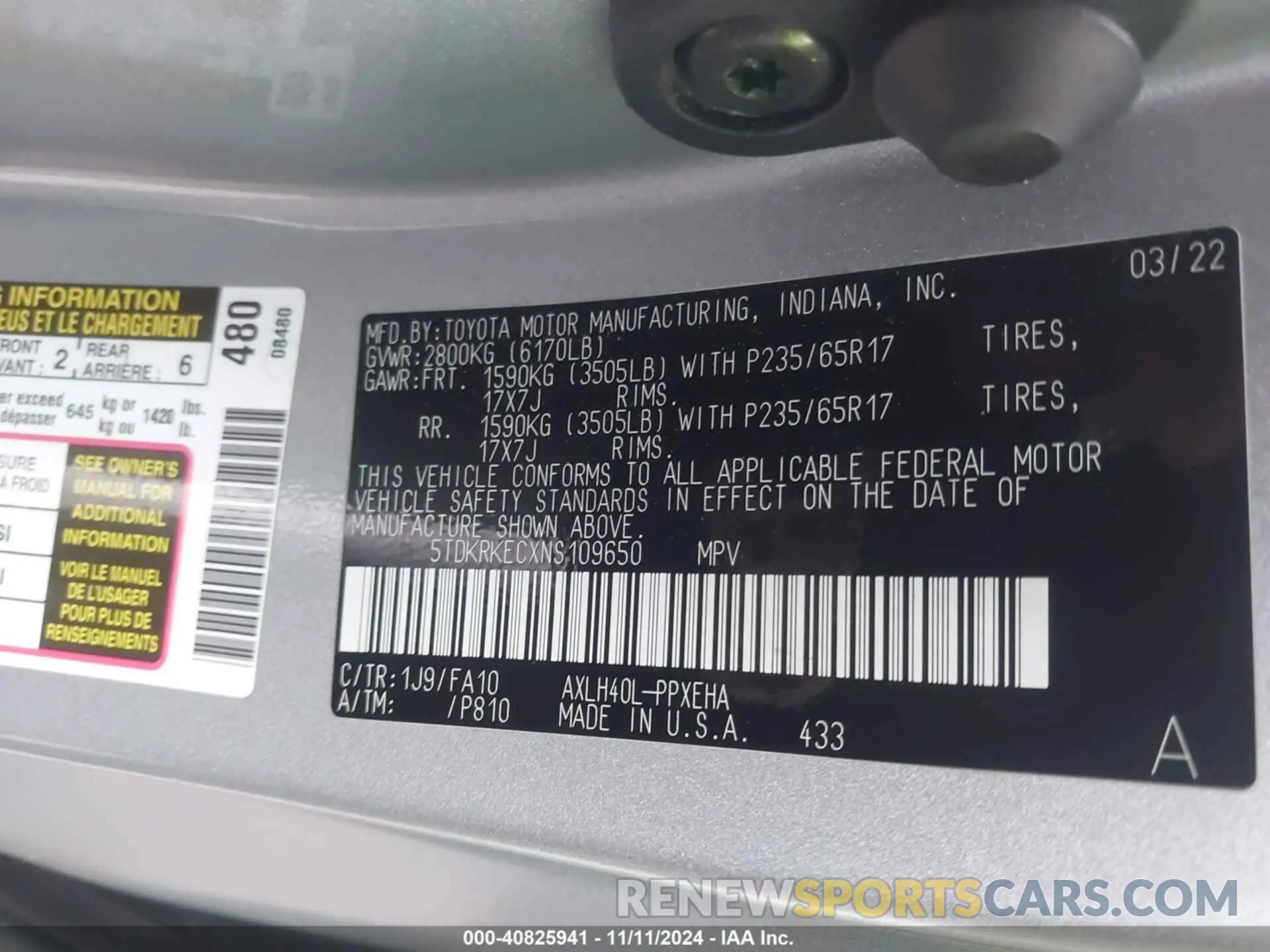9 Photograph of a damaged car 5TDKRKECXNS109650 TOYOTA SIENNA 2022