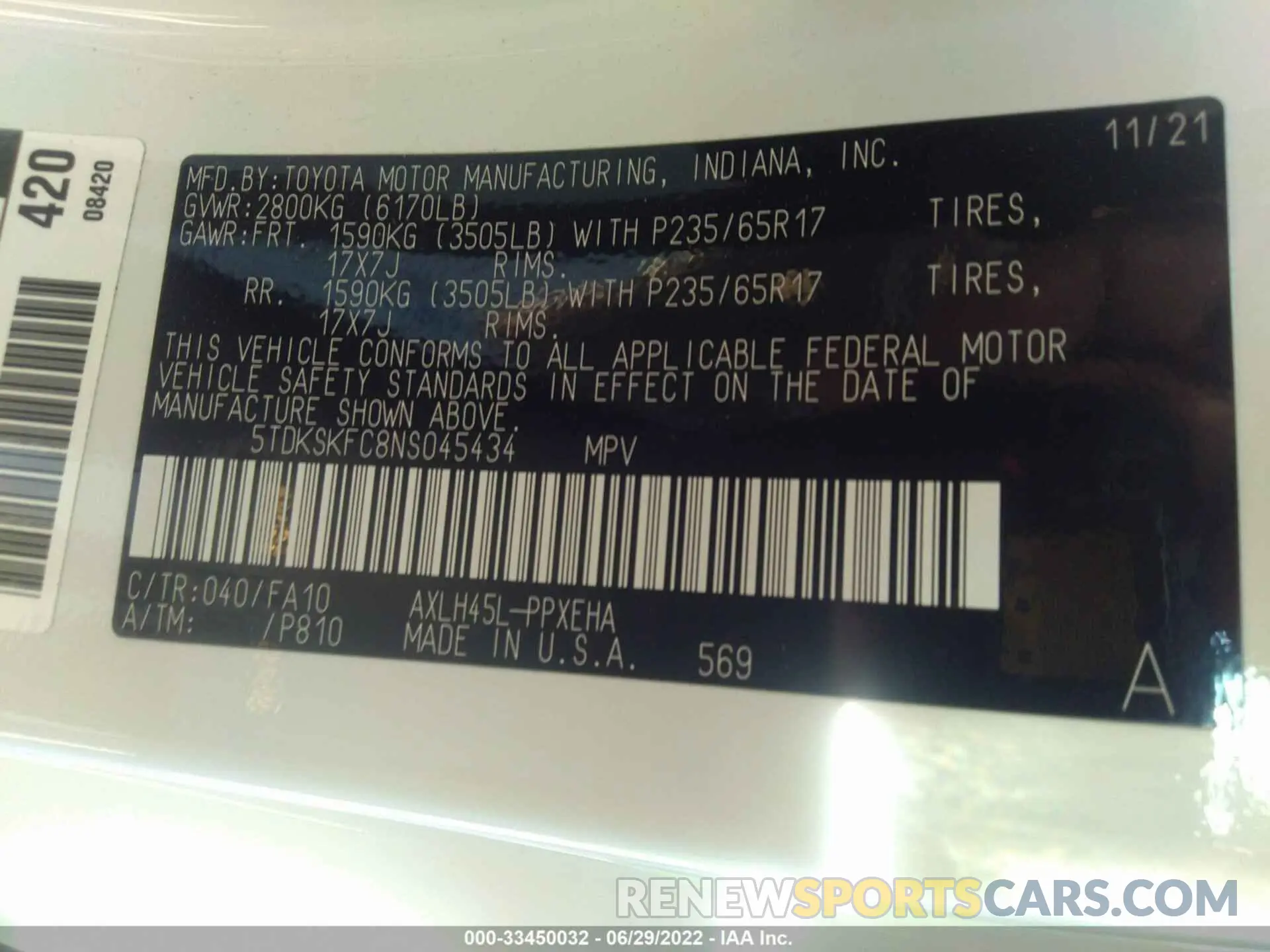9 Photograph of a damaged car 5TDKSKFC8NS045434 TOYOTA SIENNA 2022