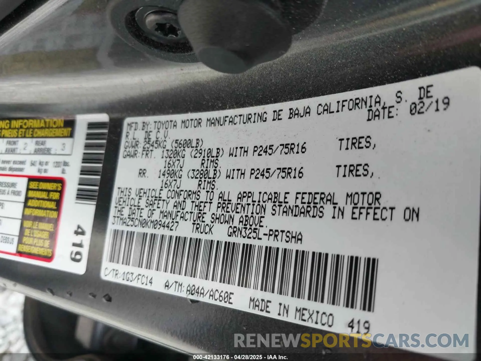 9 Photograph of a damaged car 3TMAZ5CN0KM094427 TOYOTA TACOMA 2019