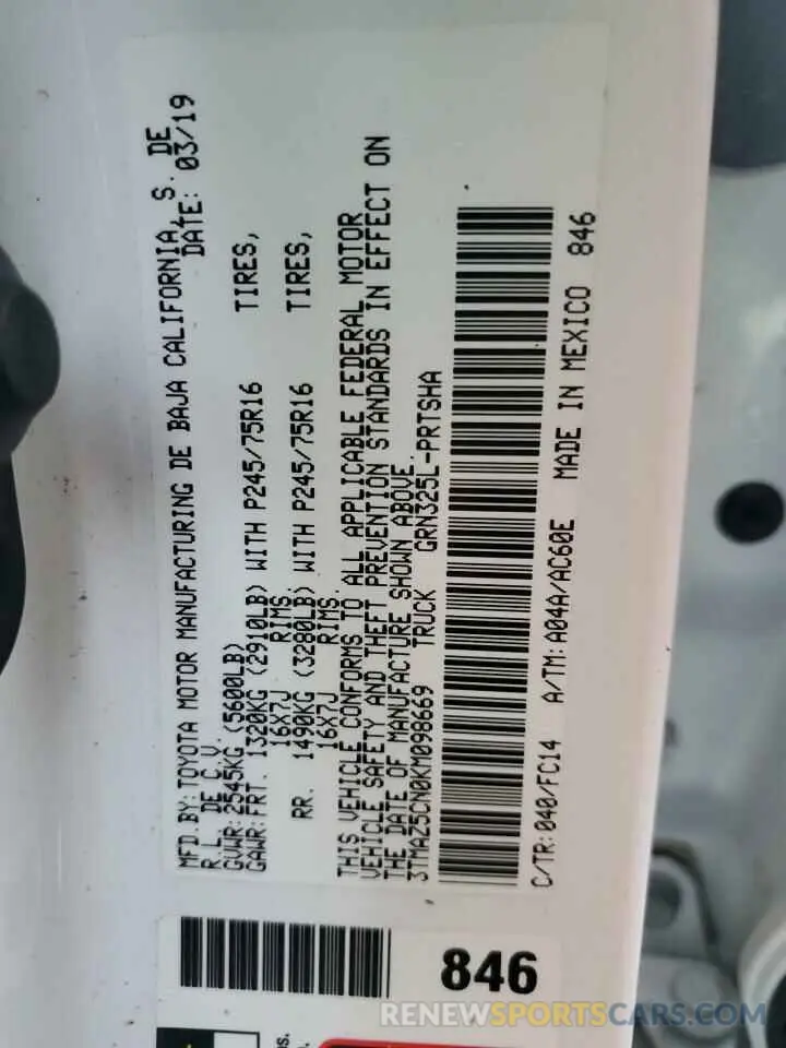 13 Photograph of a damaged car 3TMAZ5CN0KM098669 TOYOTA TACOMA 2019