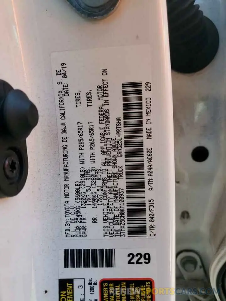 12 Photograph of a damaged car 3TMAZ5CN0KM100937 TOYOTA TACOMA 2019