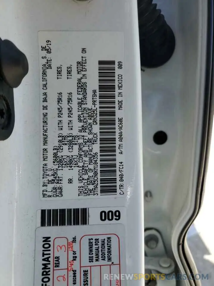 12 Photograph of a damaged car 3TMAZ5CN0KM104356 TOYOTA TACOMA 2019
