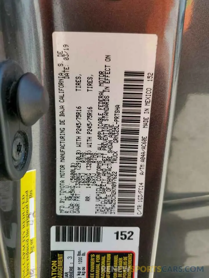 13 Photograph of a damaged car 3TMAZ5CN2KM097622 TOYOTA TACOMA 2019