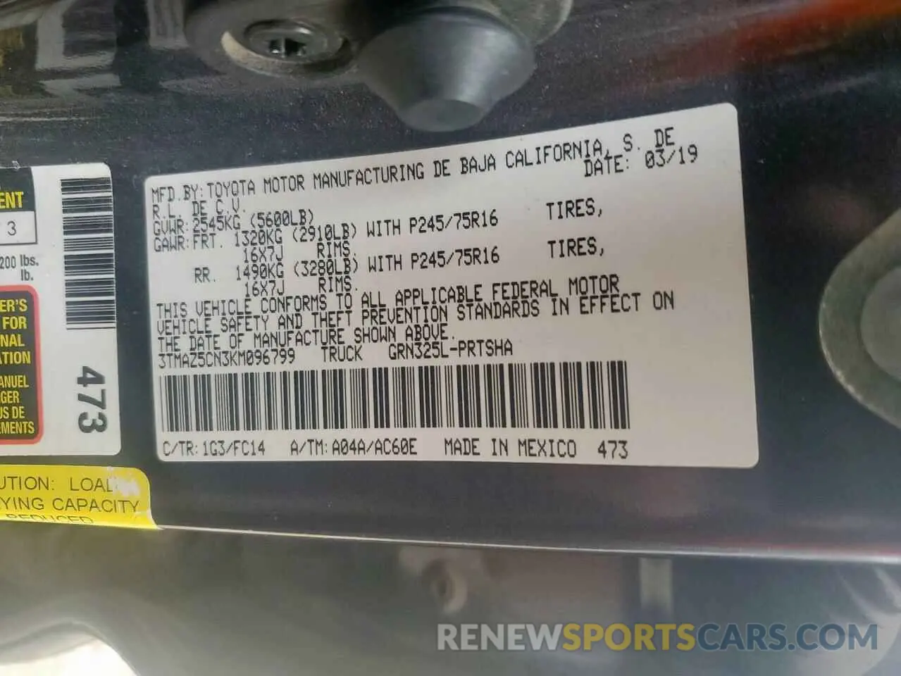 12 Photograph of a damaged car 3TMAZ5CN3KM096799 TOYOTA TACOMA 2019