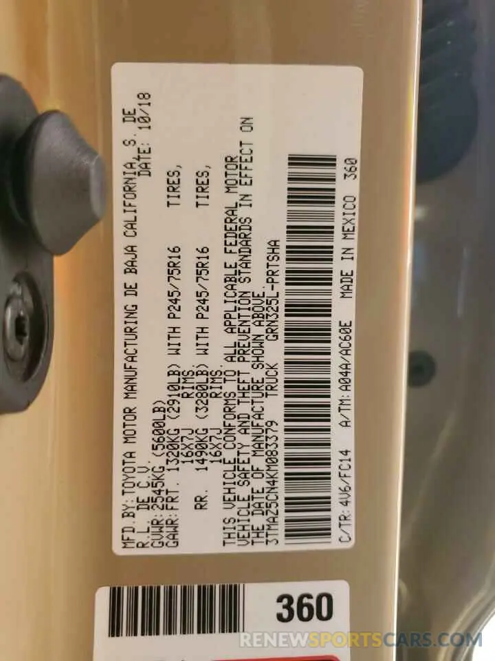 12 Photograph of a damaged car 3TMAZ5CN4KM083379 TOYOTA TACOMA 2019