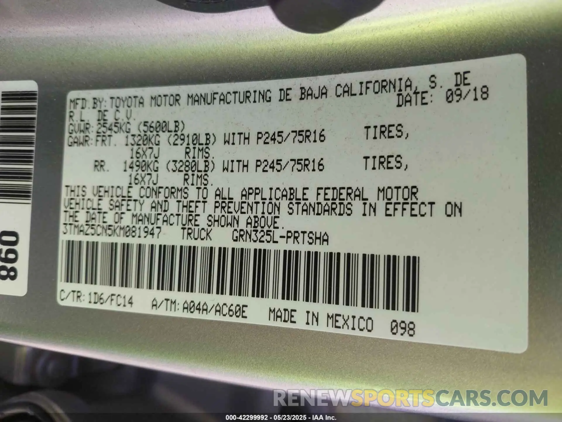 9 Photograph of a damaged car 3TMAZ5CN5KM081947 TOYOTA TACOMA 2019
