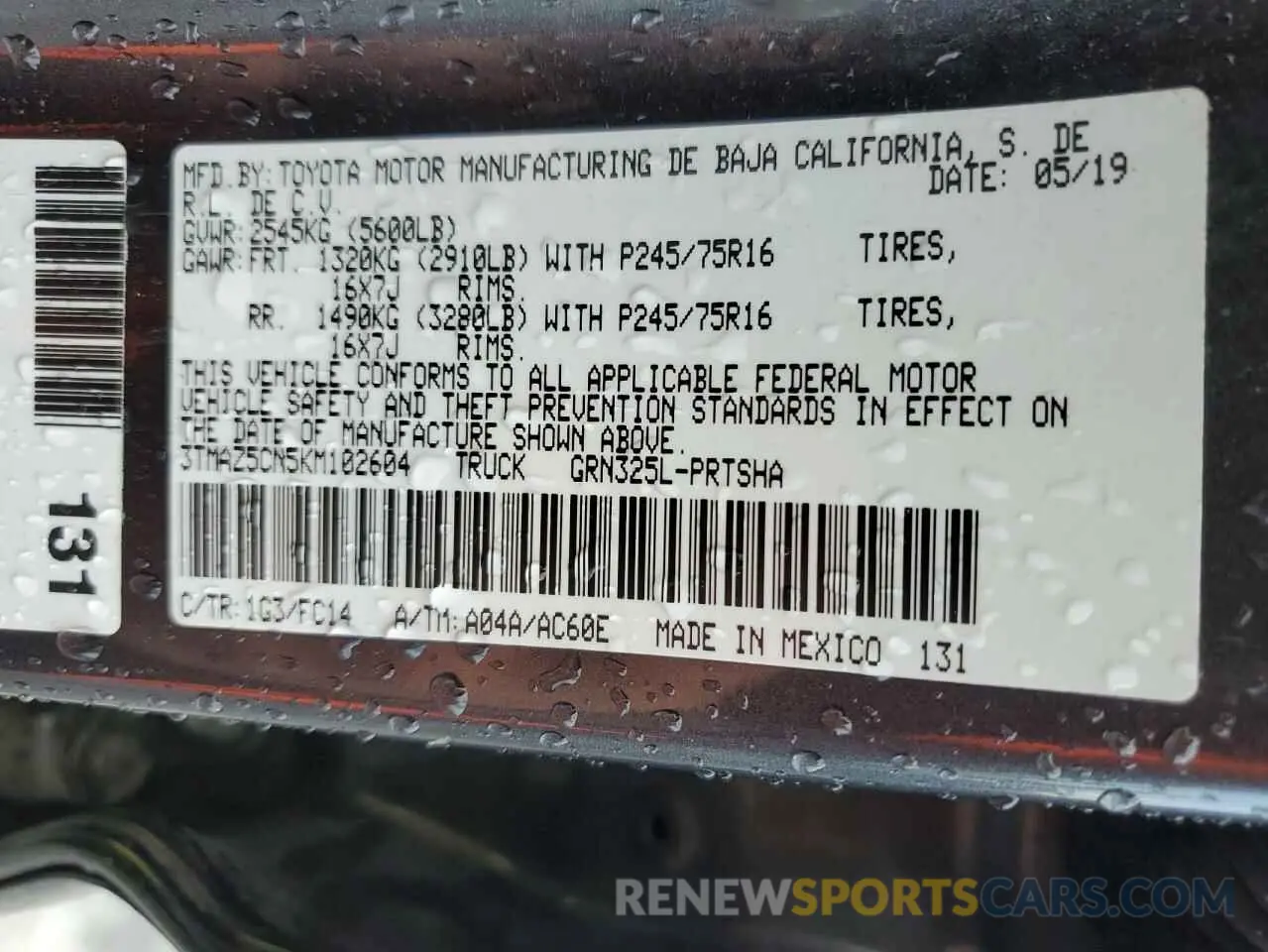 12 Photograph of a damaged car 3TMAZ5CN5KM102604 TOYOTA TACOMA 2019