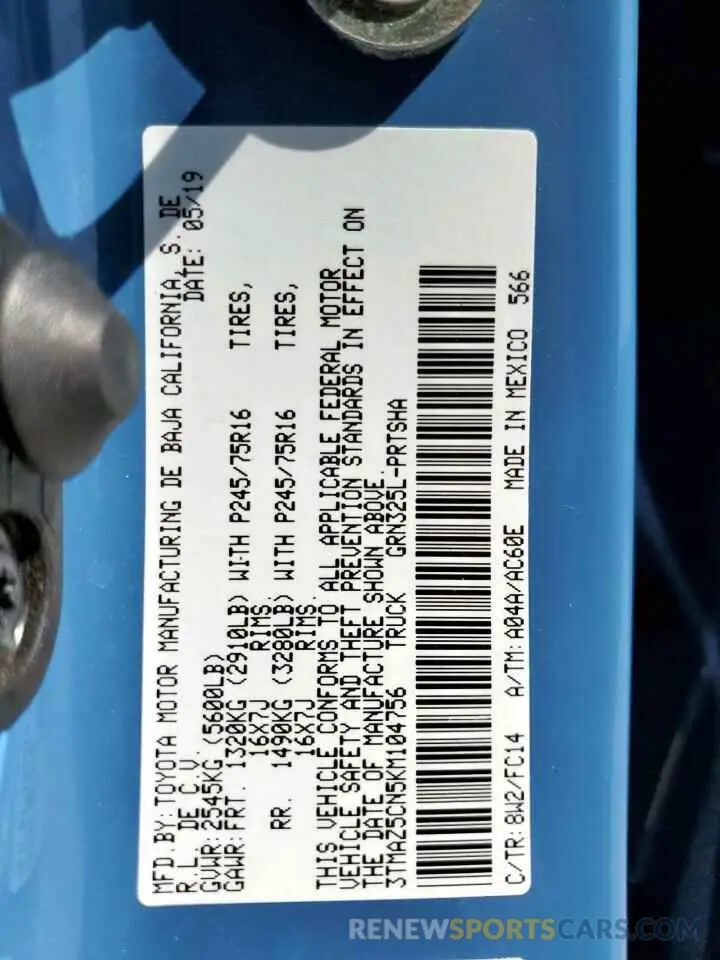 13 Photograph of a damaged car 3TMAZ5CN5KM104756 TOYOTA TACOMA 2019