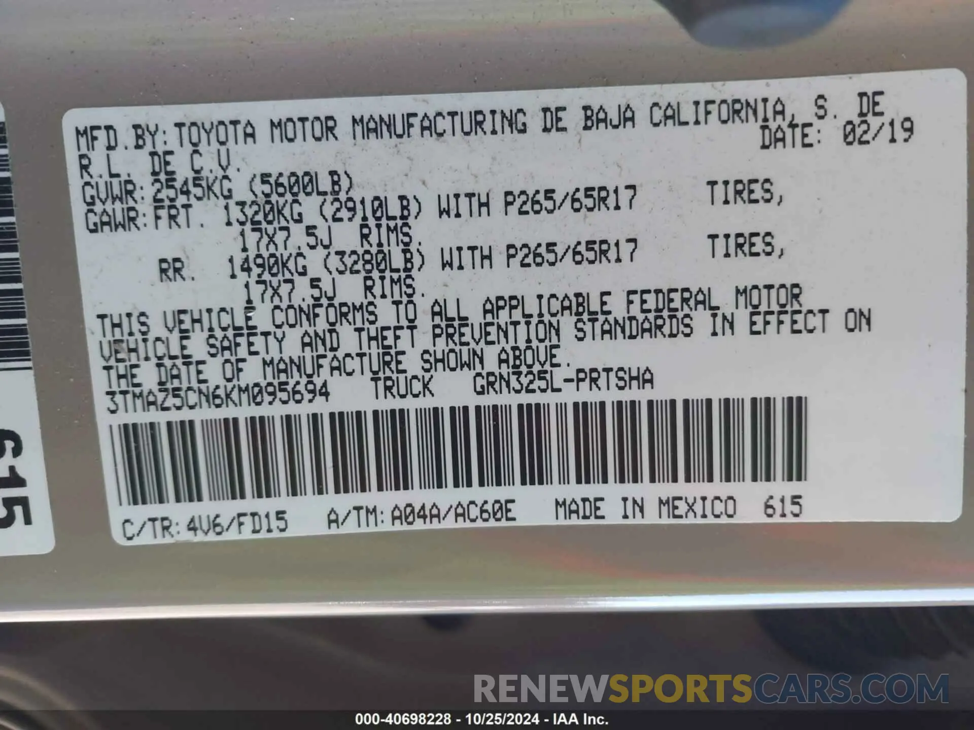 9 Photograph of a damaged car 3TMAZ5CN6KM095694 TOYOTA TACOMA 2019