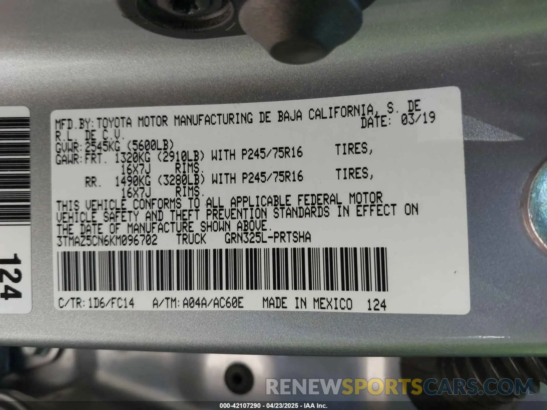 9 Photograph of a damaged car 3TMAZ5CN6KM096702 TOYOTA TACOMA 2019
