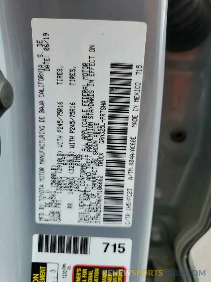 12 Photograph of a damaged car 3TMAZ5CN6KM106662 TOYOTA TACOMA 2019