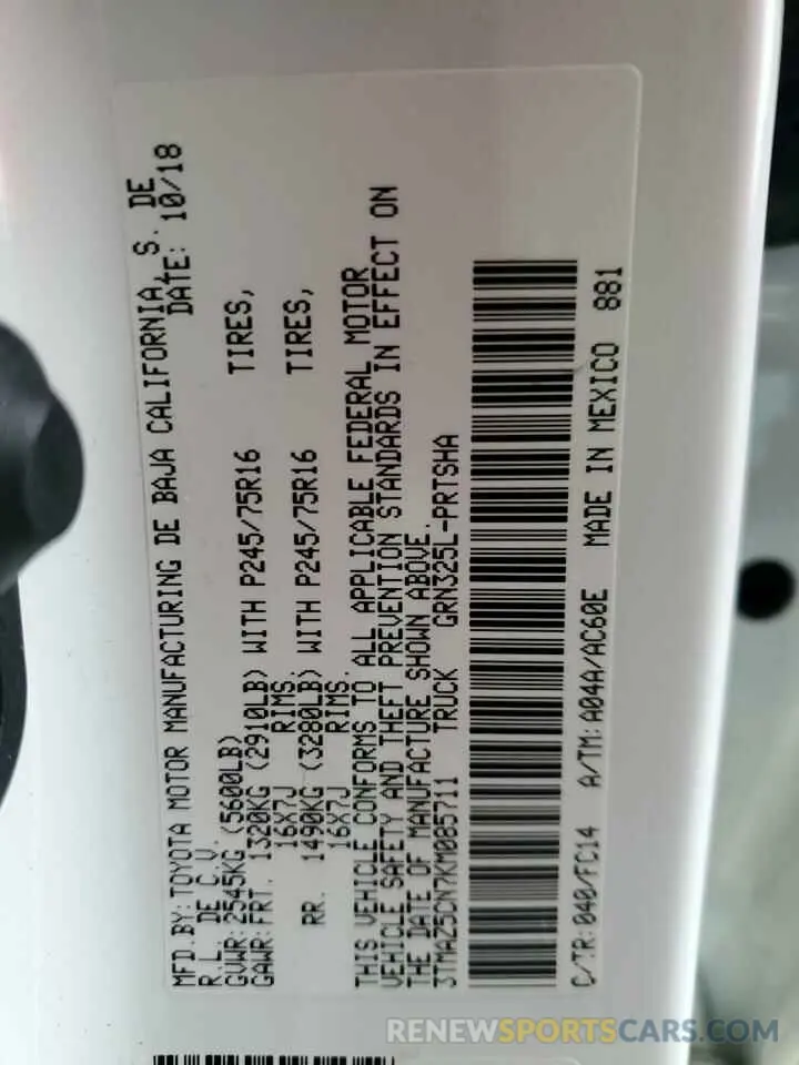 12 Photograph of a damaged car 3TMAZ5CN7KM085711 TOYOTA TACOMA 2019