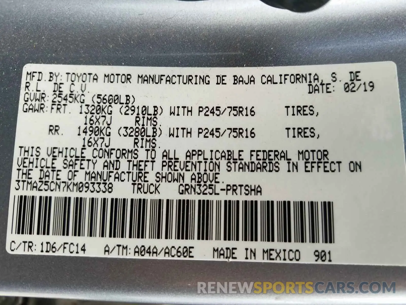 10 Photograph of a damaged car 3TMAZ5CN7KM093338 TOYOTA TACOMA 2019