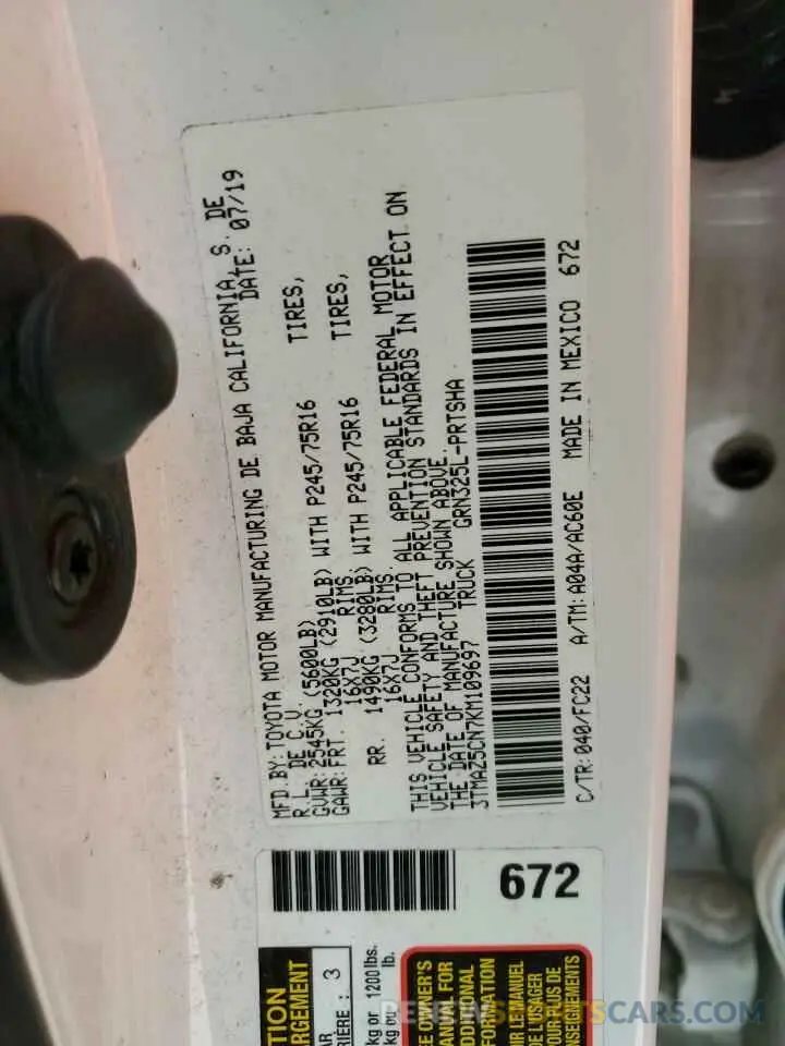 12 Photograph of a damaged car 3TMAZ5CN7KM109697 TOYOTA TACOMA 2019