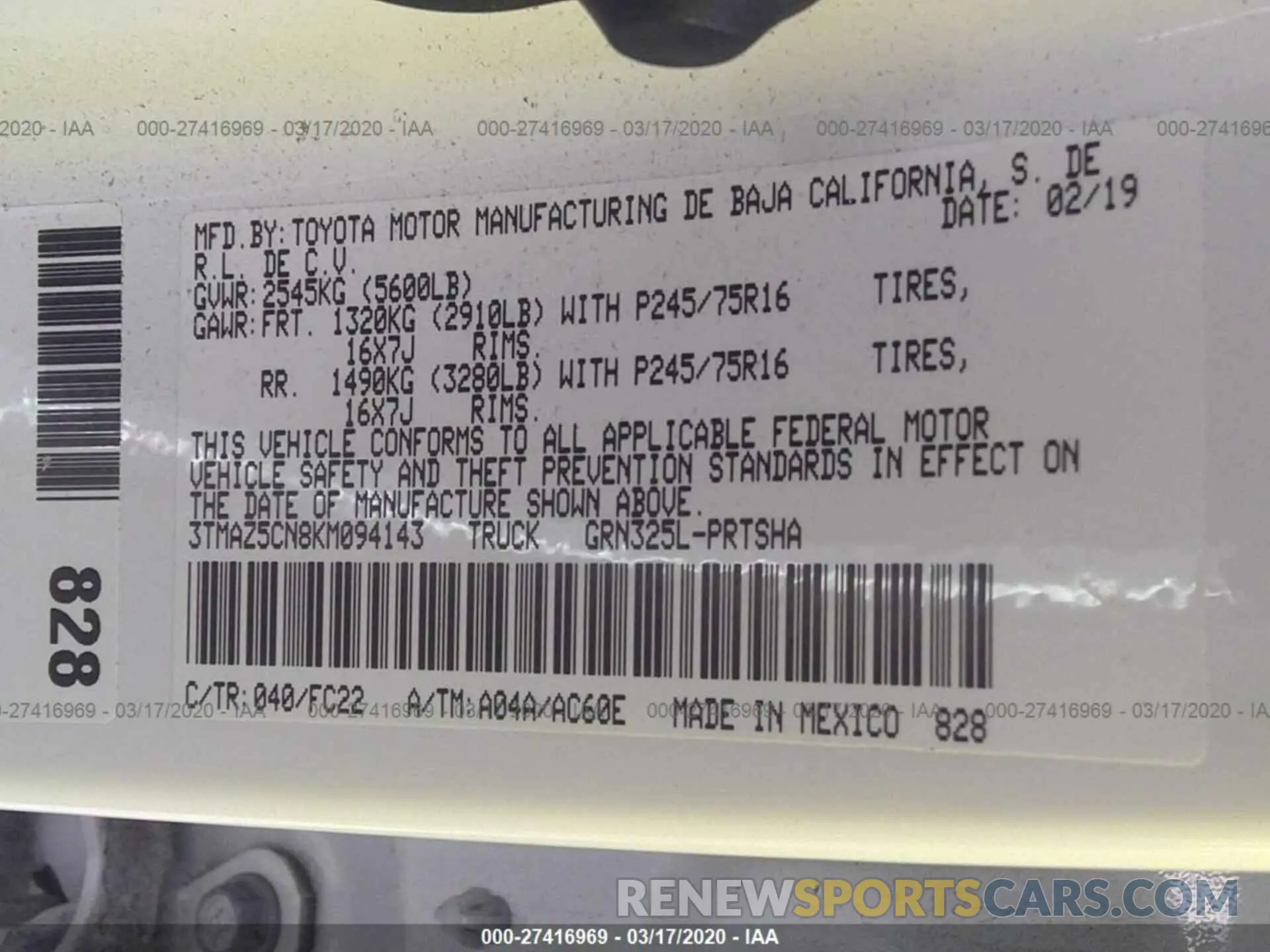 9 Photograph of a damaged car 3TMAZ5CN8KM094143 TOYOTA TACOMA 2019
